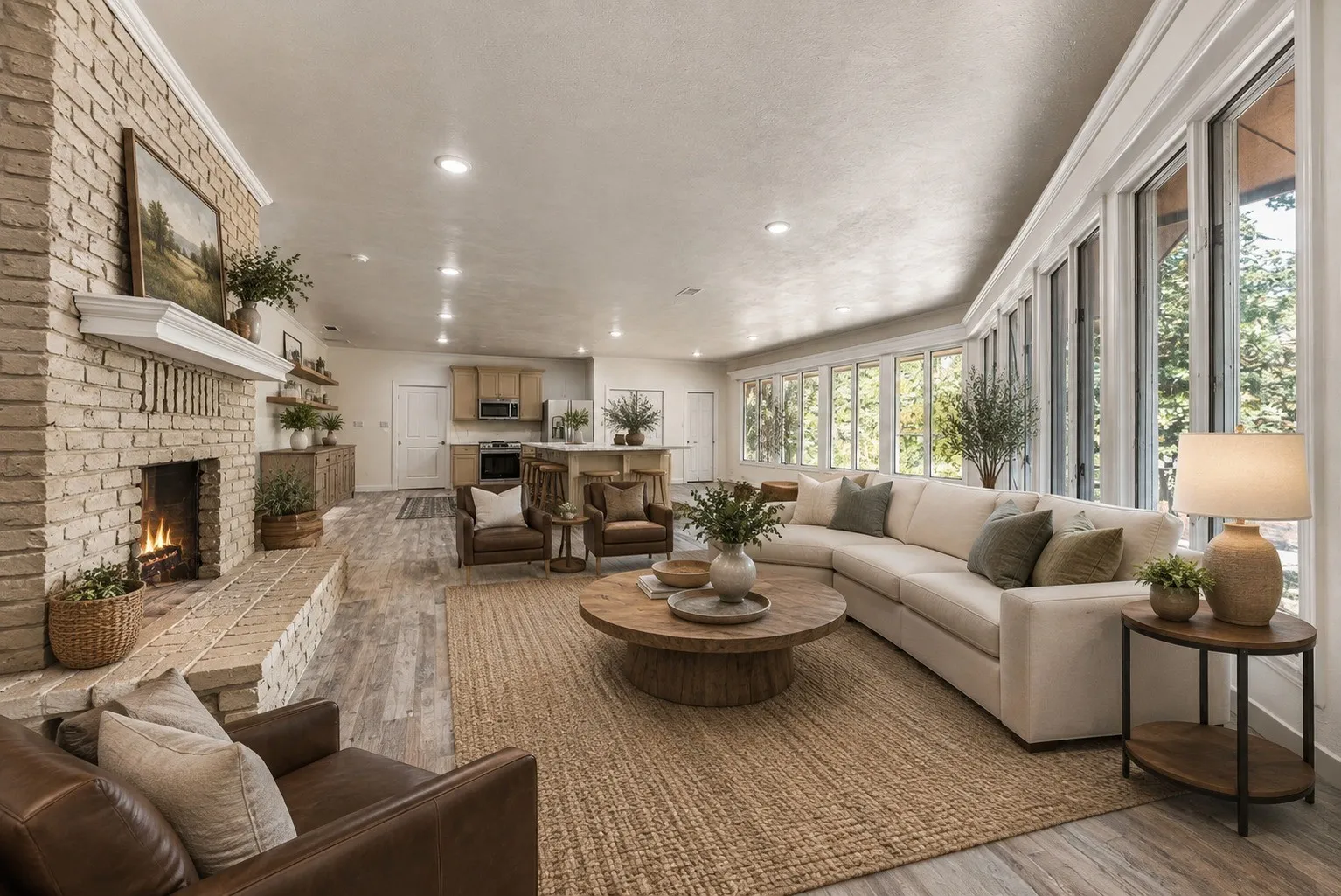 Huge open room to the kitchen with wall length windows on the entire back wall.