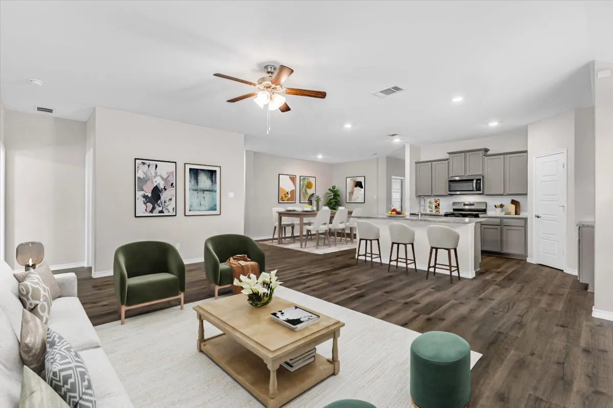 Another view of the family room, virtually staged to show the potential
