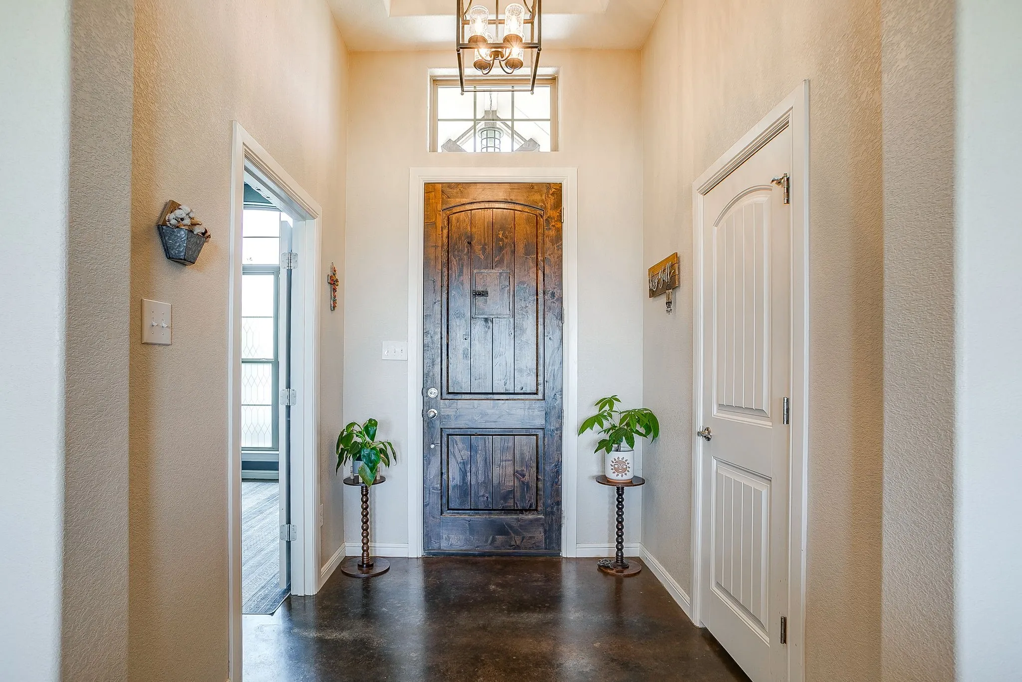 Dark wood-finish entry door with transom window