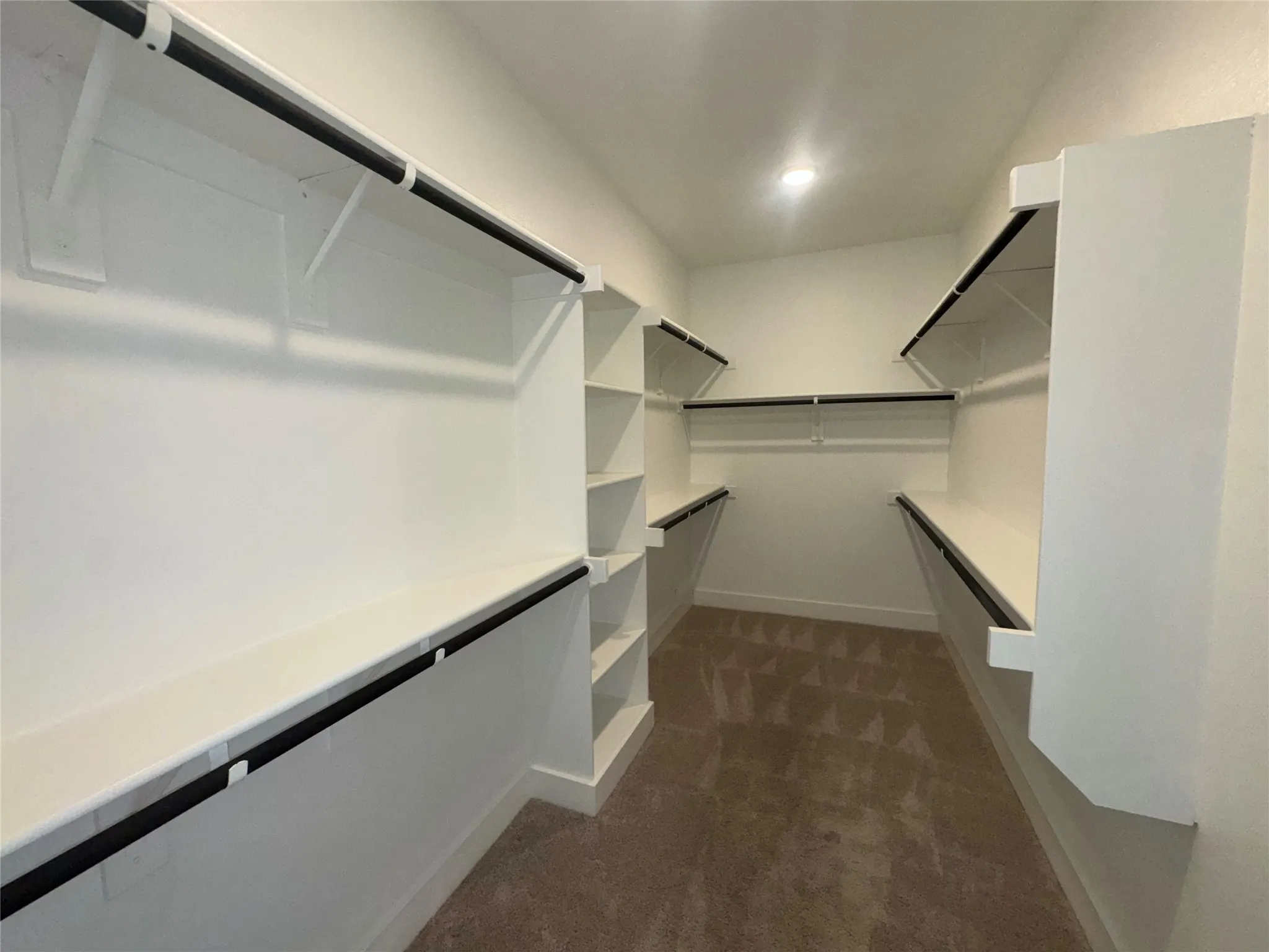 Built-in shelving, black hanging rods, recessed ceiling lighting, and carpet flooring