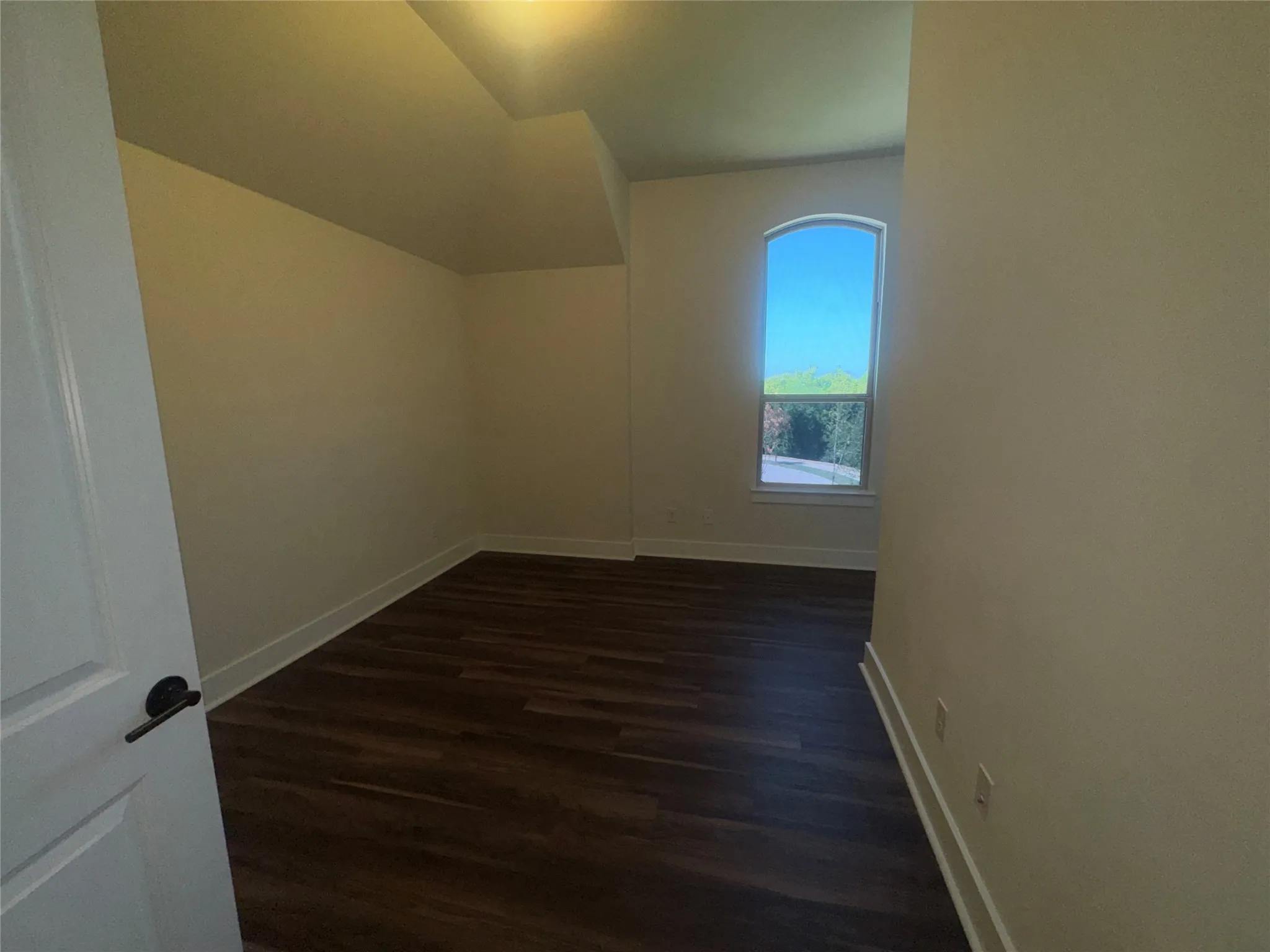 Wood-finish flooring, arched window, and tray ceiling