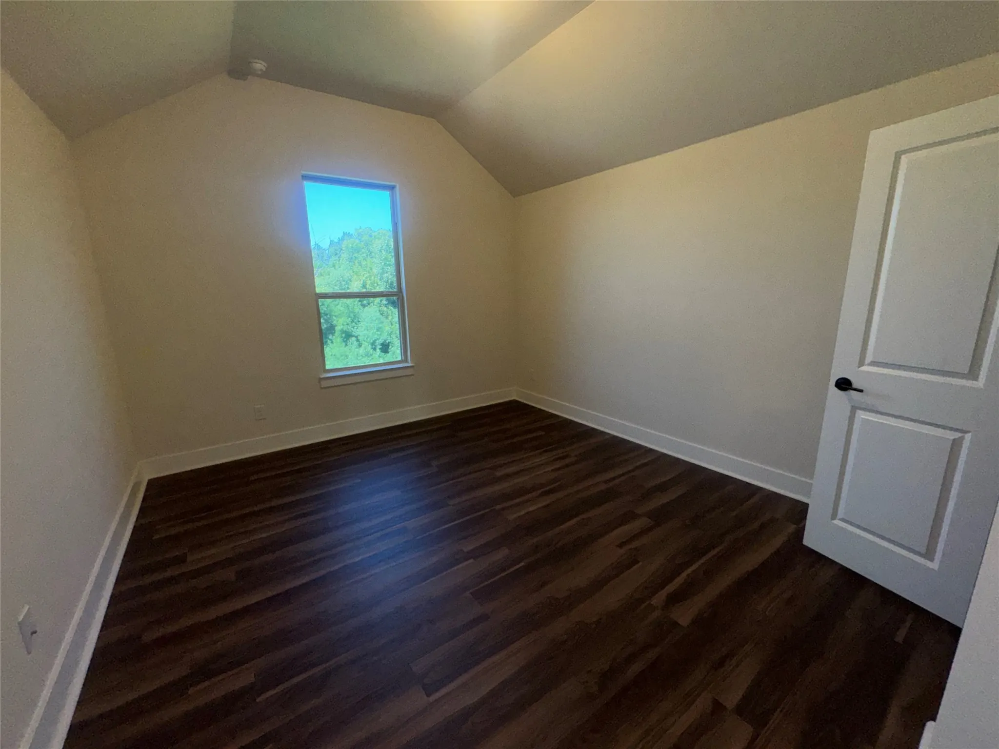 Vaulted ceiling, wood-finish flooring, white trim, single window, and a paneled door with matte black hardware