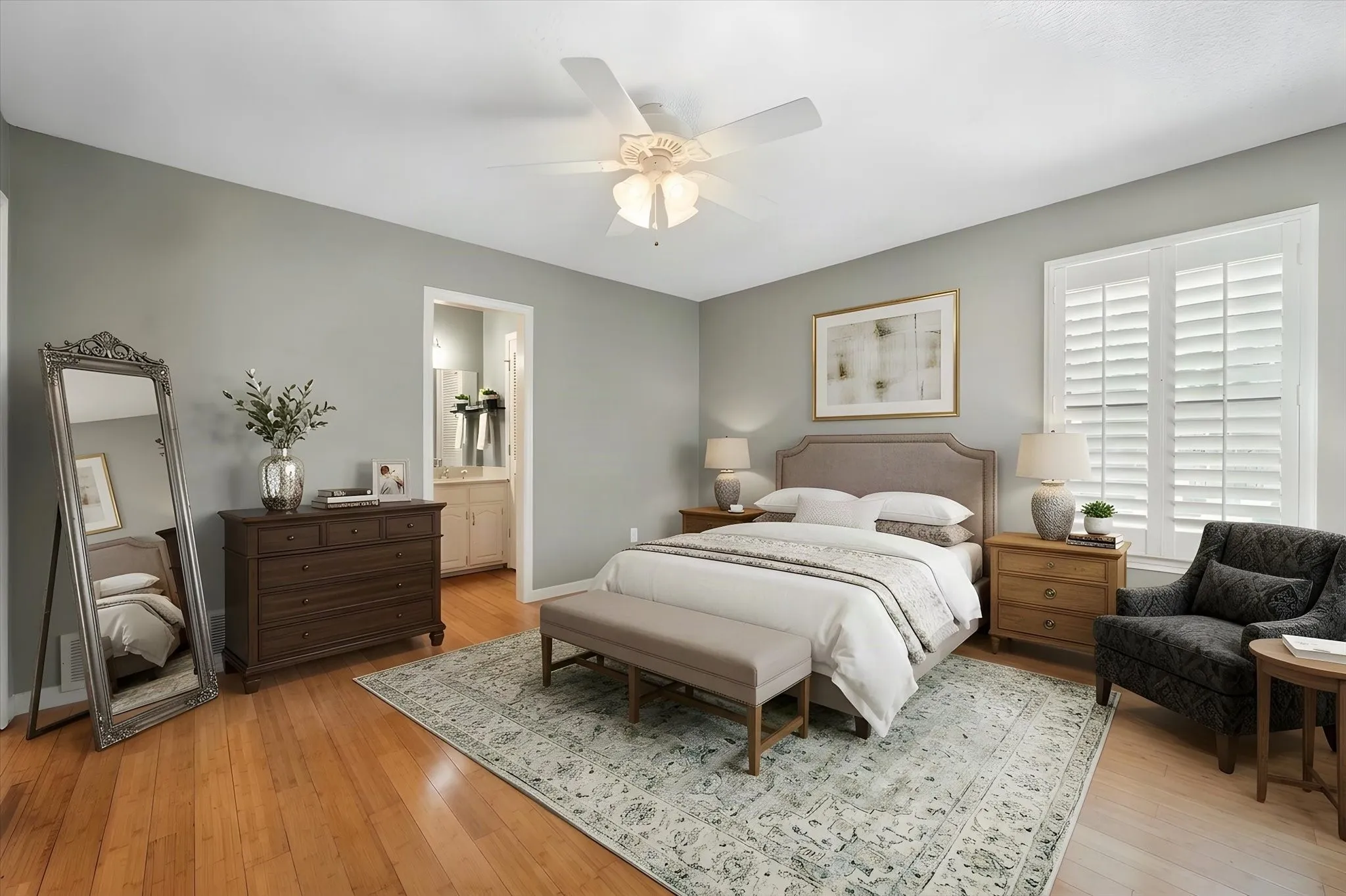 Virtually staged primary bedroom