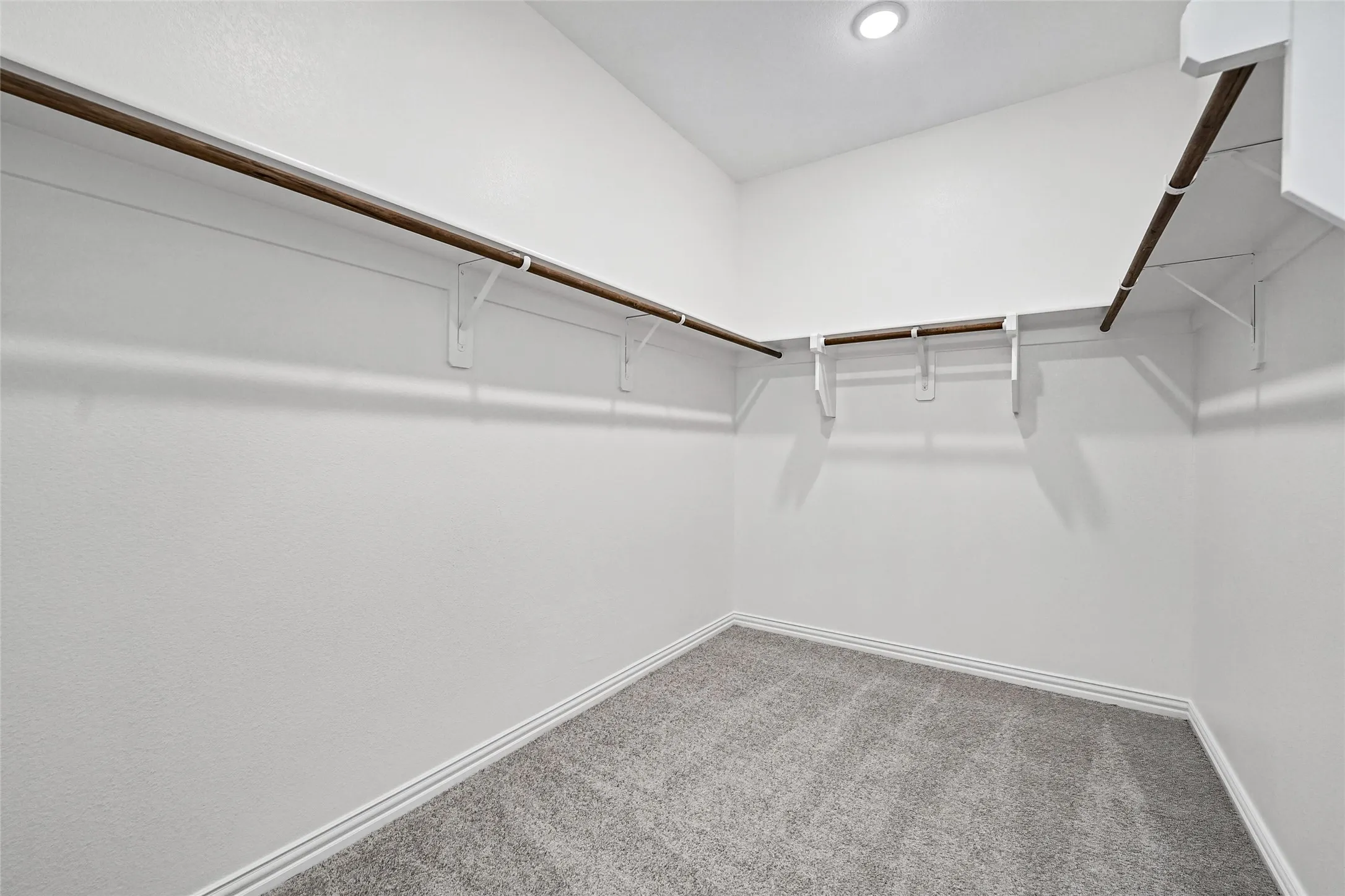 Walk-in closet featuring light gray carpeting, white walls, and built-in shelving with hanging rods