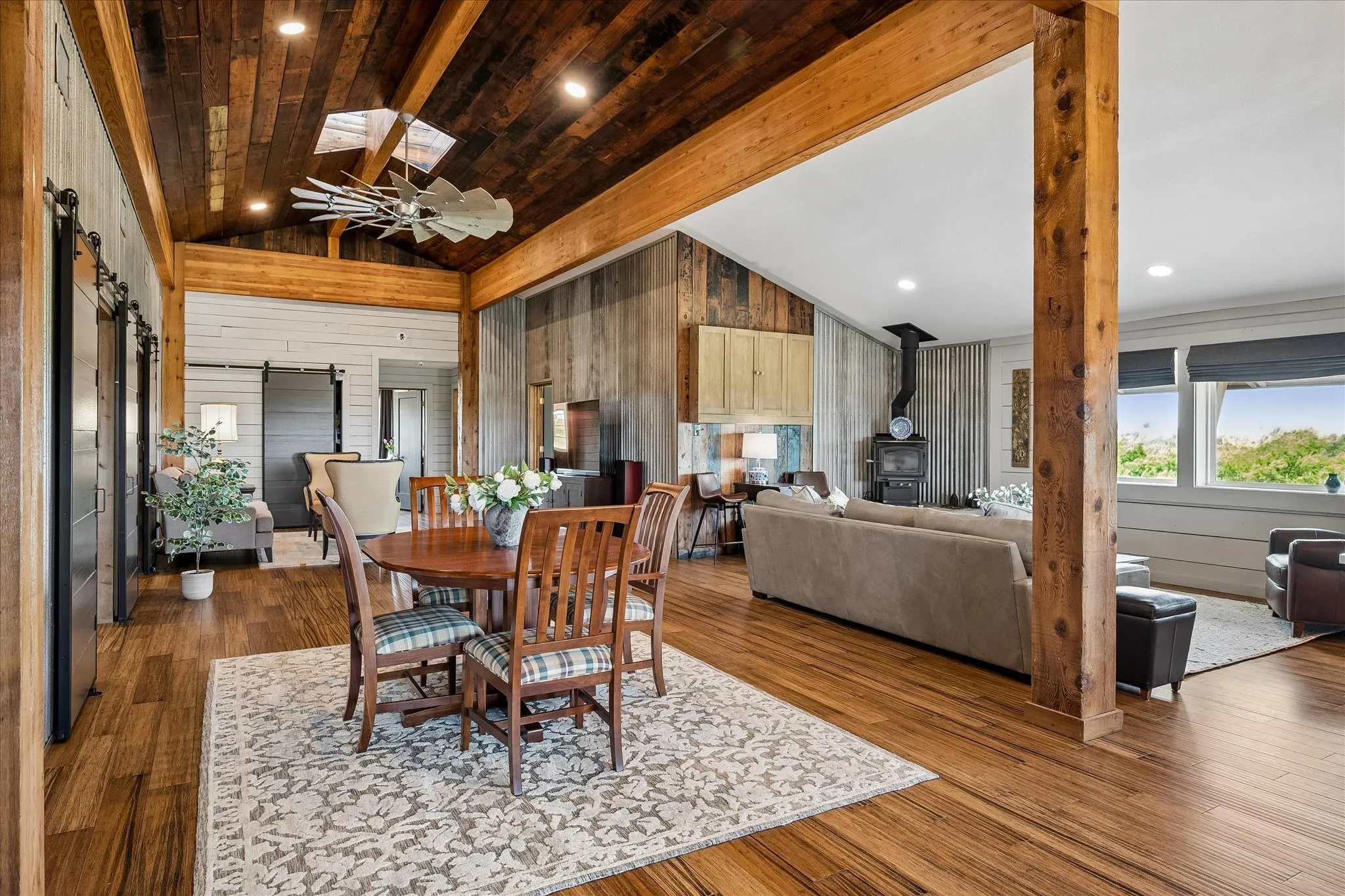 Roughly 3000 square feed of living space on the second floor of the barndominium. 4 bedrooms, 2 full bathrooms, laundry room, kitchen and dining area. Framed elevator shaft currently being used as a pantry upstairs and a closet on the main level.