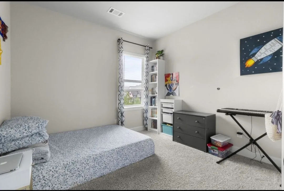 Neutral wall paint, carpet flooring, a window with roller blinds, a built-in shelf, and a ceiling-mounted light fixture