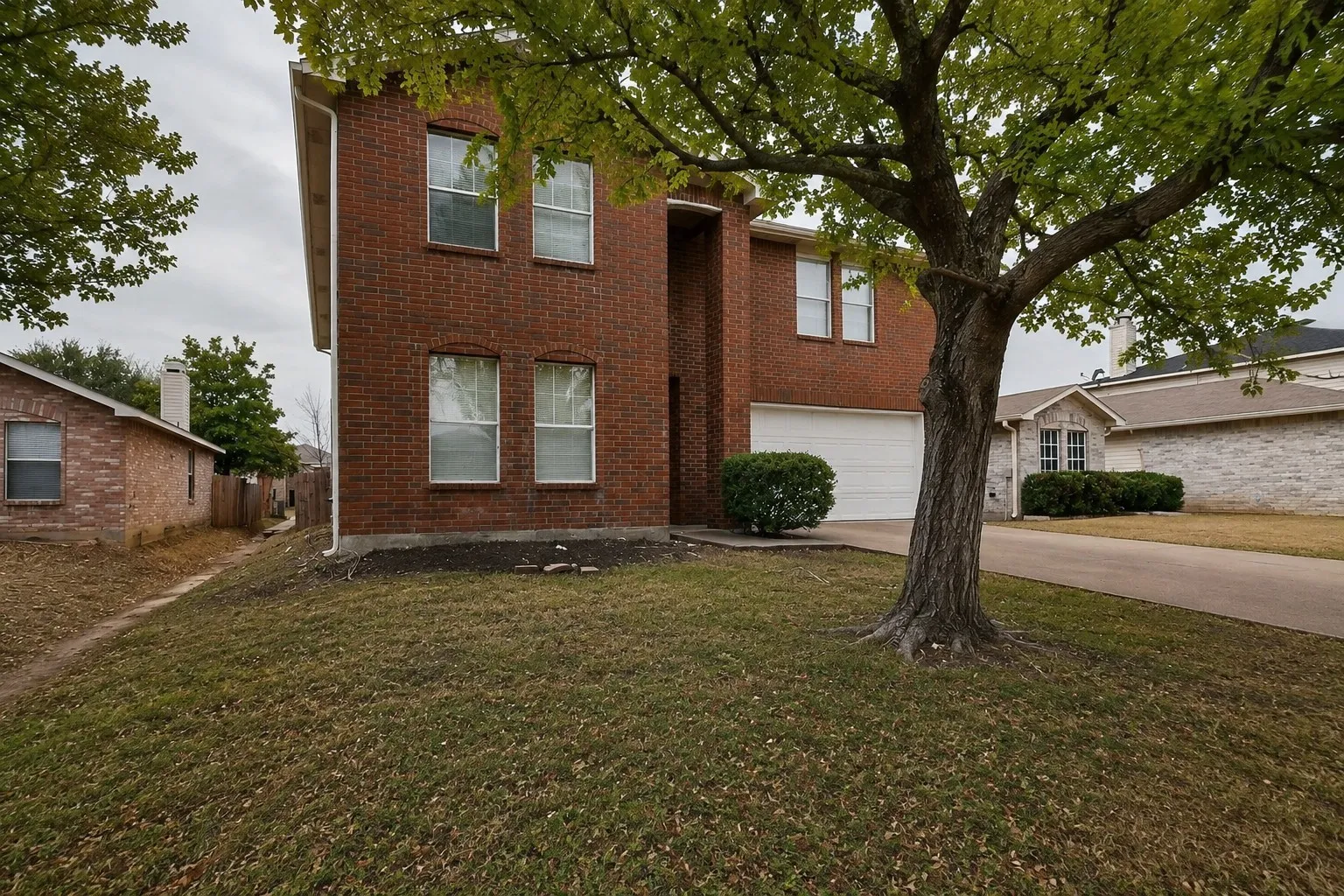 Brick exterior with multiple windows, attached garage, mature tree, and a concrete driveway