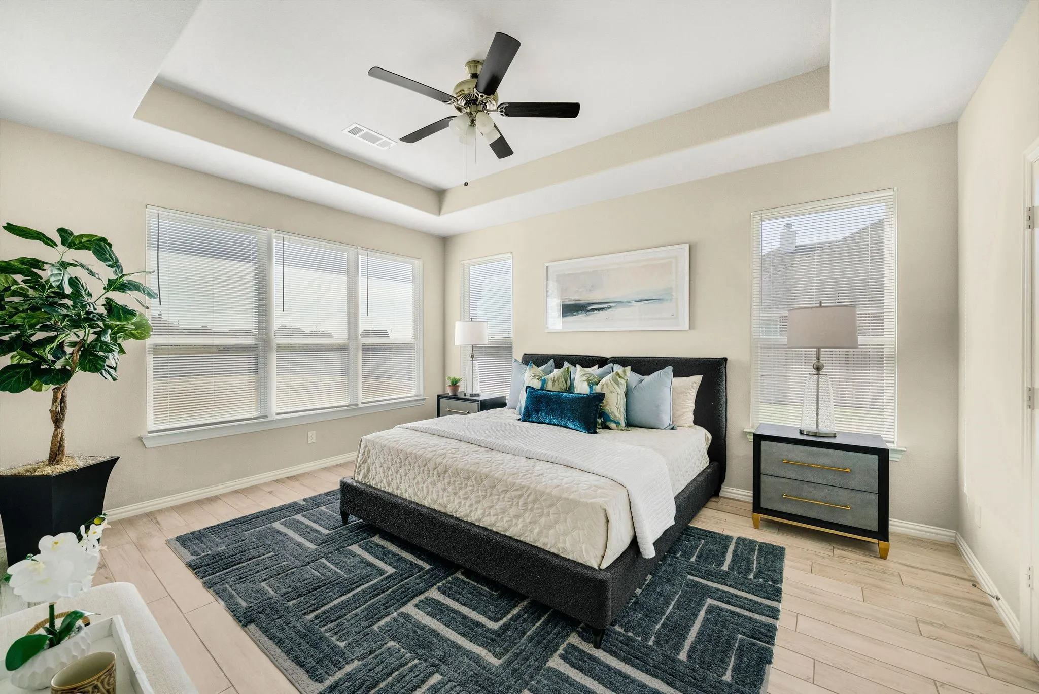 Ceramic tile extends to primary bedroom