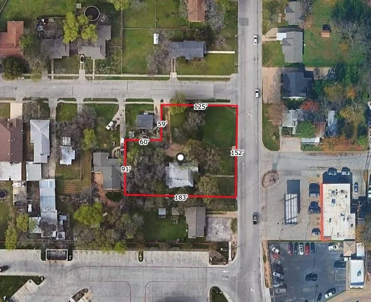 Property Survey. An aerial view of the property with boundary lines and dimensions indicated
