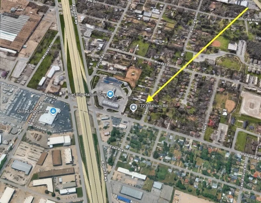 Aerial Map. Pinpointing the location of the property at 1723 Hallom Rd