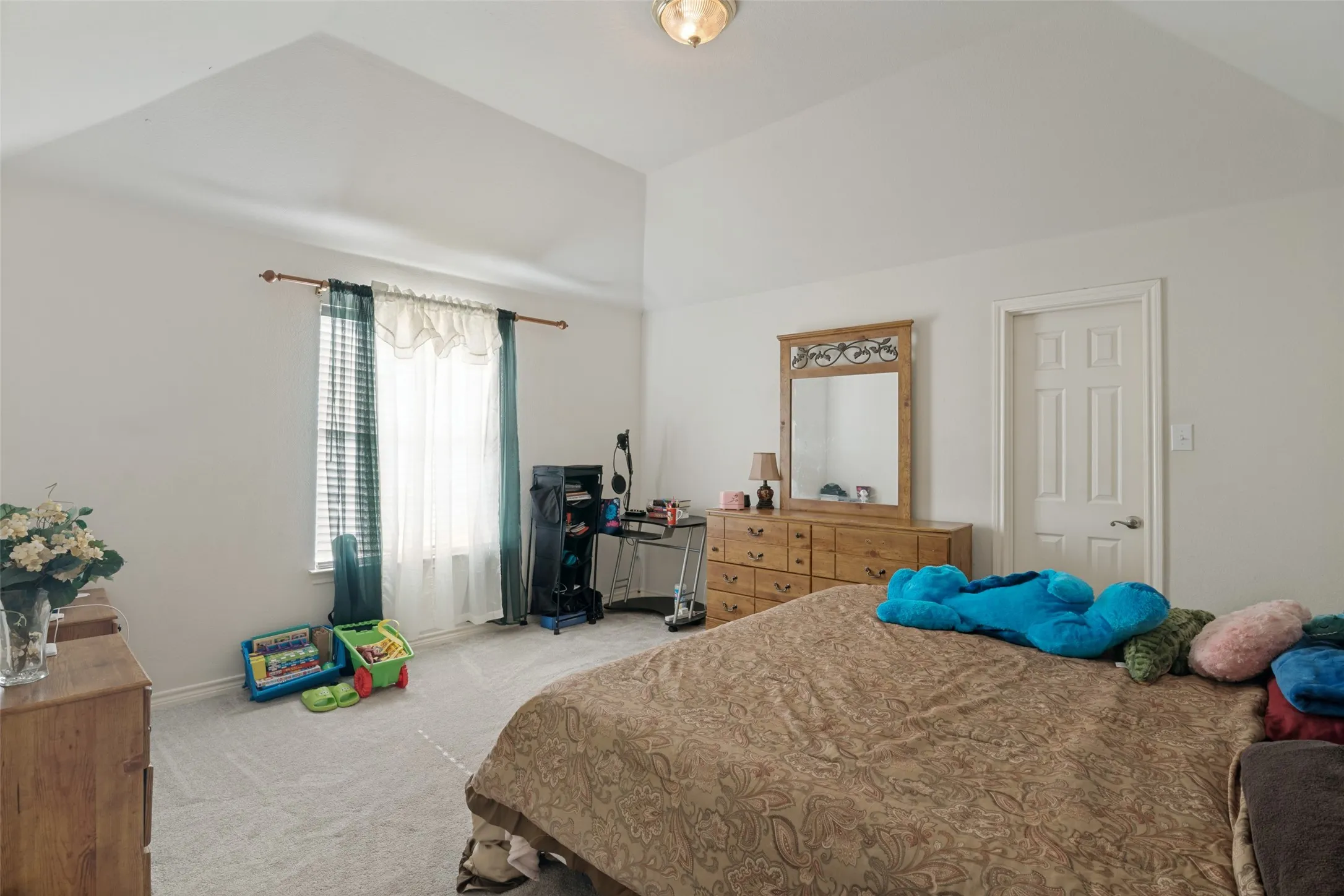 Vaulted ceiling, ceiling-mounted light fixture, light grey carpeting, white interior door, window with blinds