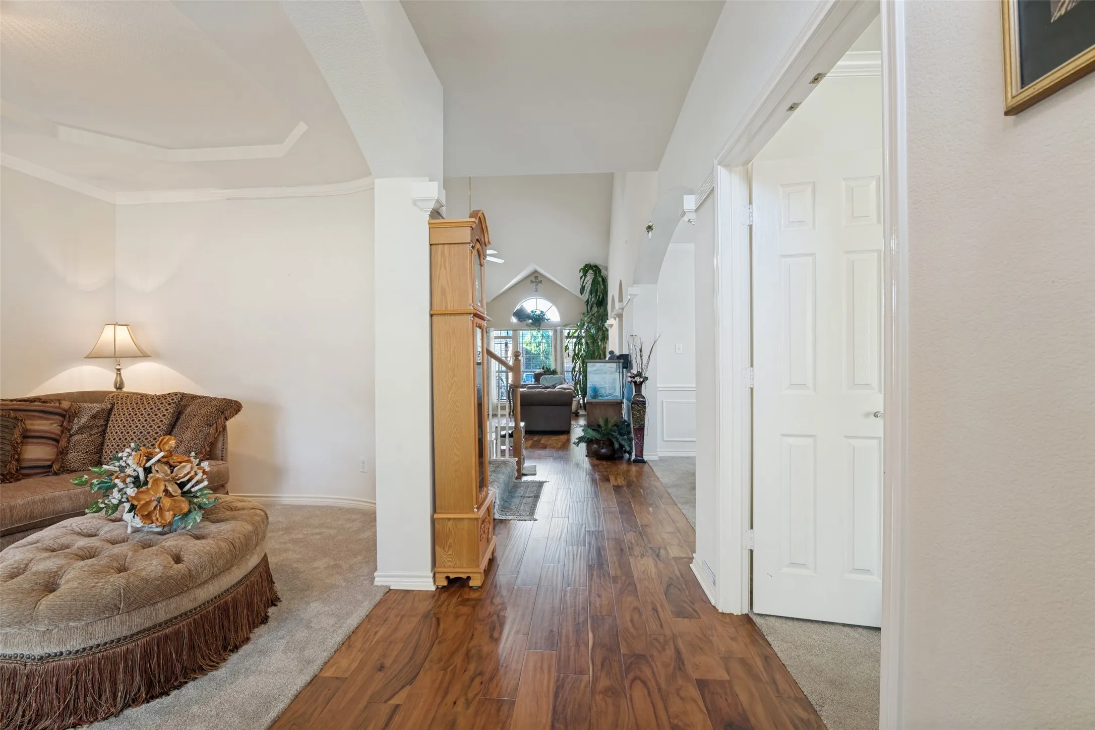 Wood-finish flooring extending into the main area