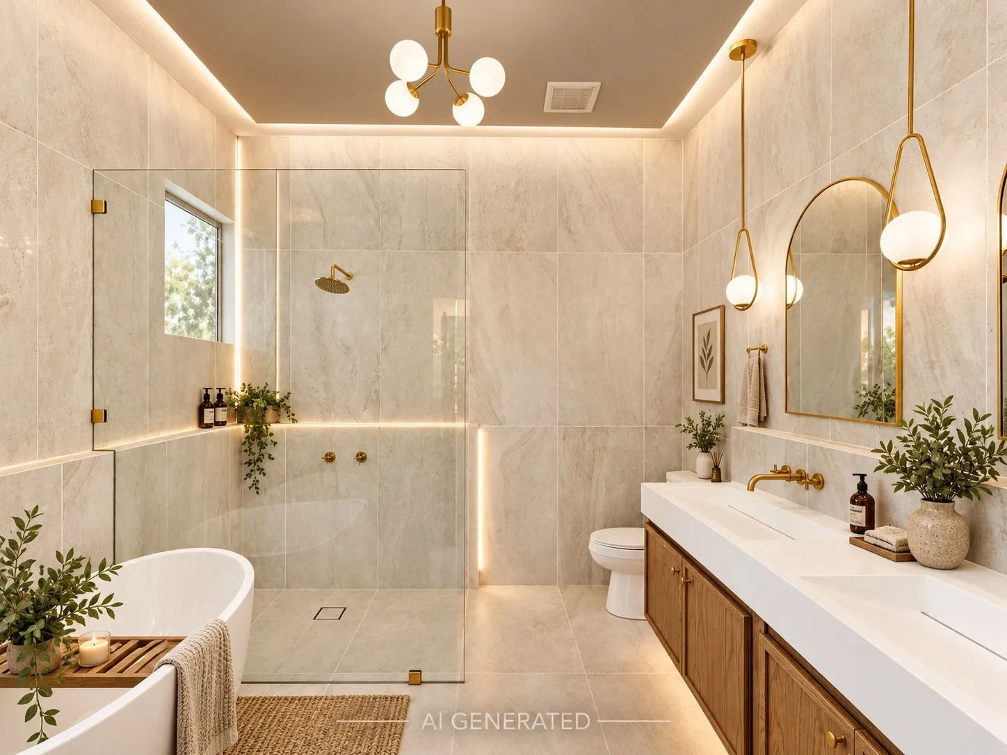 Floor-to-ceiling stone-look tile, frameless glass shower enclosure, freestanding soaking tub, dual vanity with integrated sinks, and wall-mounted brass fixtures