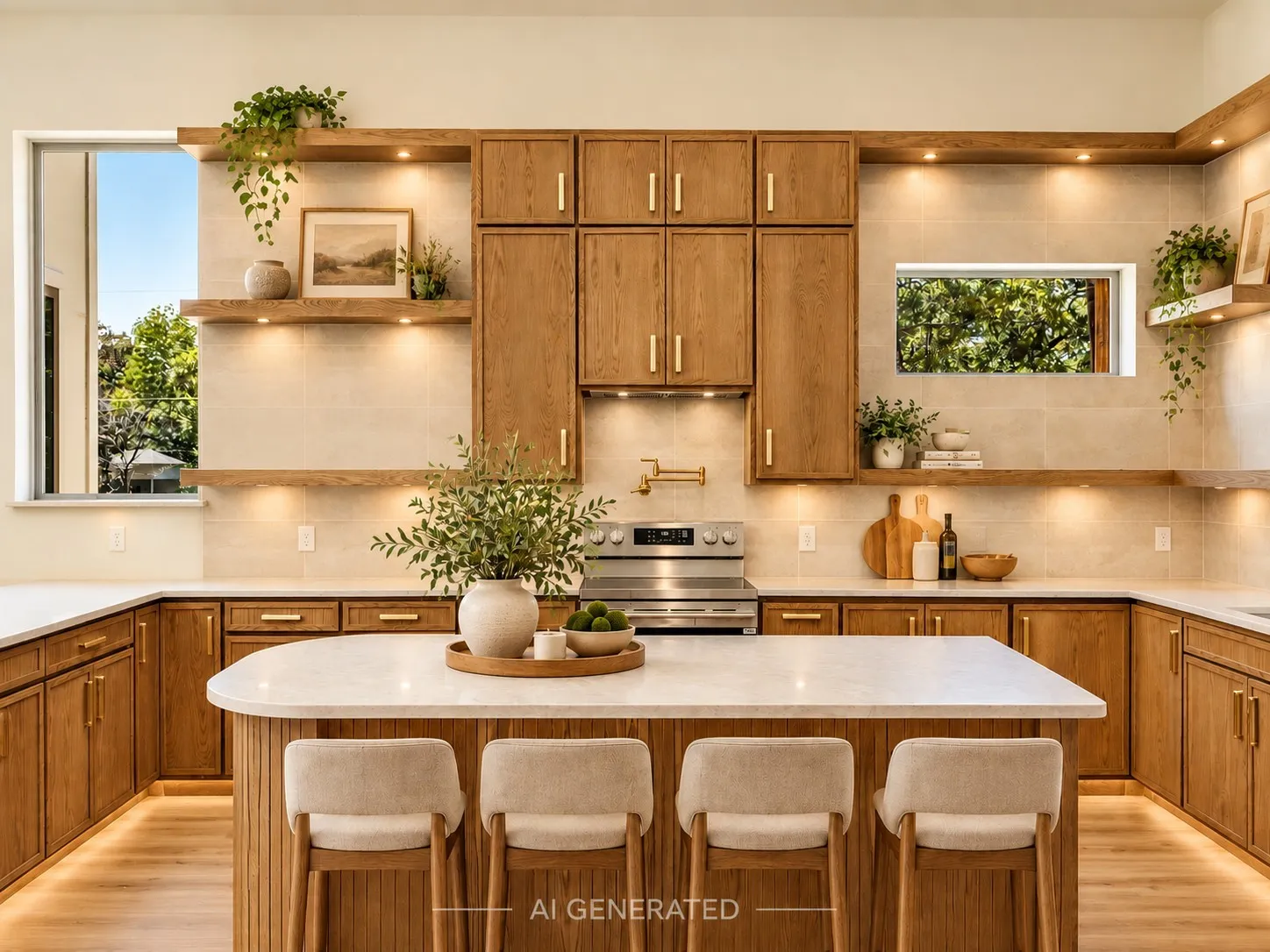 Custom wood cabinetry with gold-tone hardware, wood-finish flooring, and a central island with a white countertop
