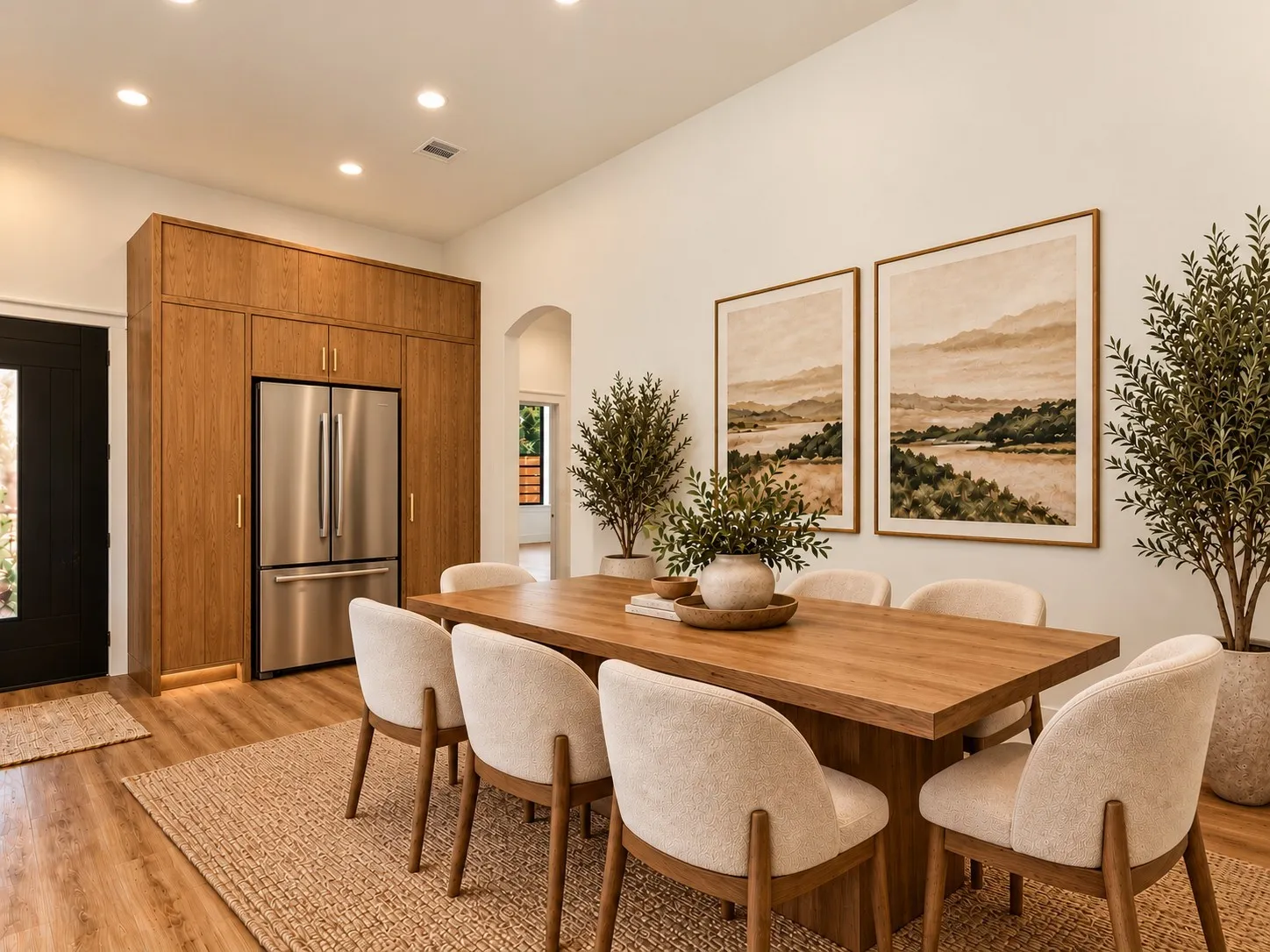 Integrated stainless steel refrigerator, custom wood-finish cabinetry, wood-finish flooring, recessed lighting, and an arched entryway