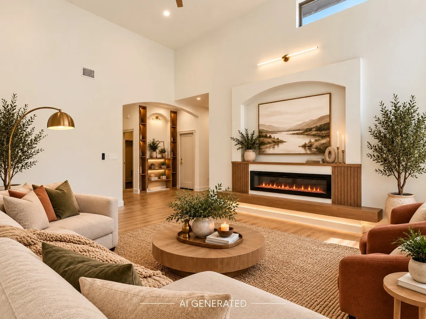 Vaulted ceiling, wood-finish flooring, built-in electric fireplace, recessed lighting, arched doorways