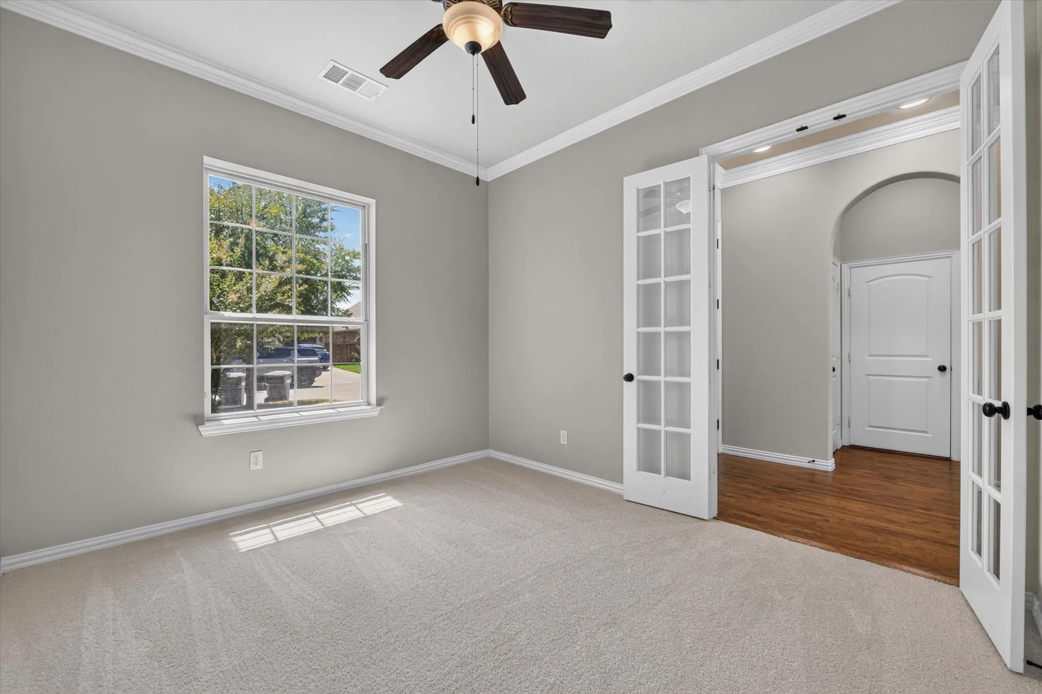 Carpeted room with crown molding, a ceiling fan, and a window