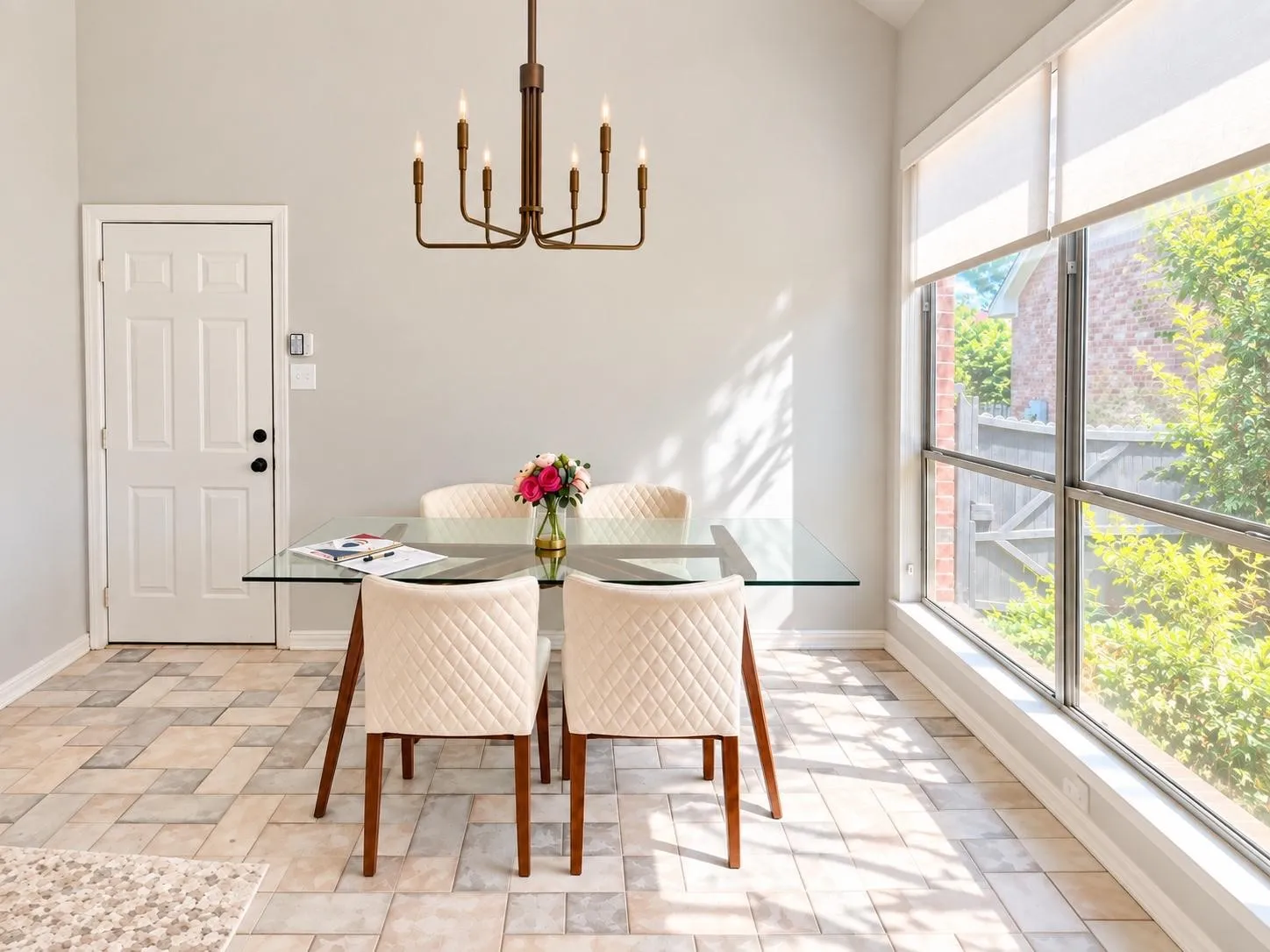 Recessed lighting, large picture windows with roller shades, a six-light chandelier, and patterned tile flooring