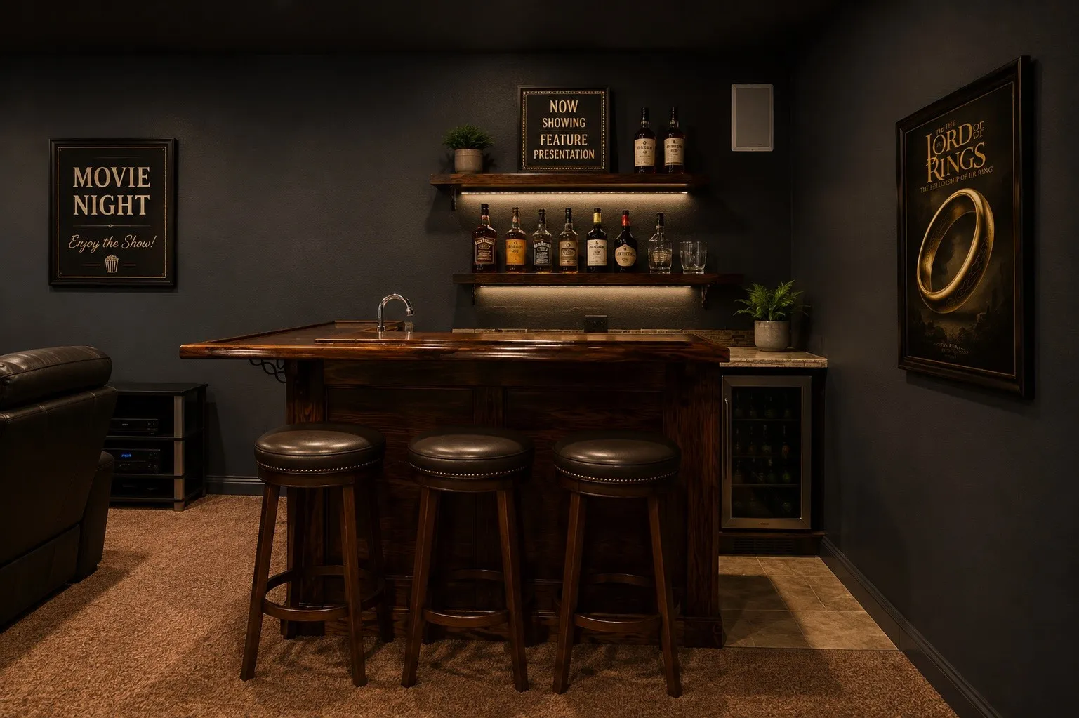 virtually staged Bar inside media room with beverage fridge,ice maker, and sink