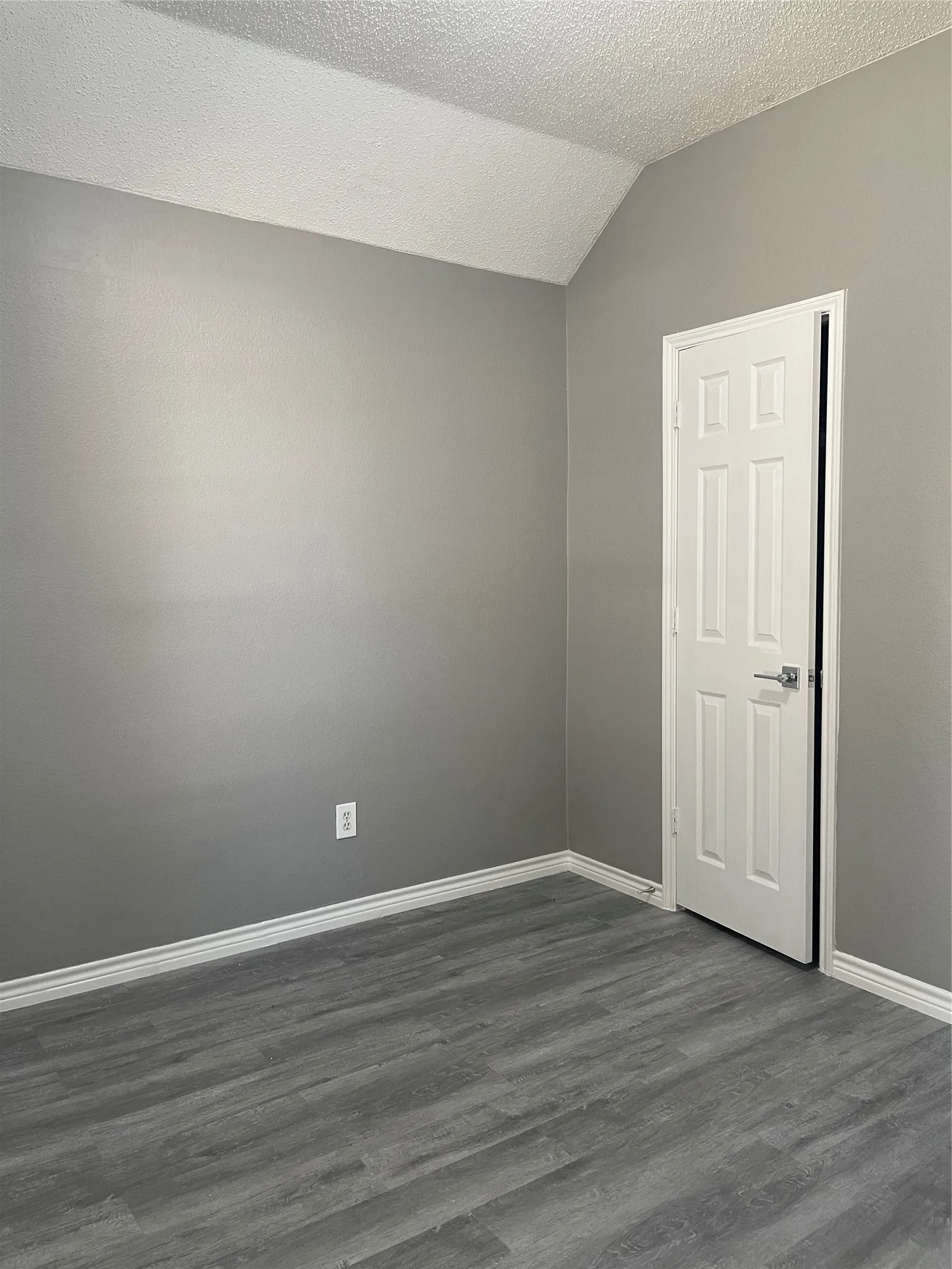 Sloped ceiling, neutral wall paint, wood-finish flooring, white trim, and a white paneled door