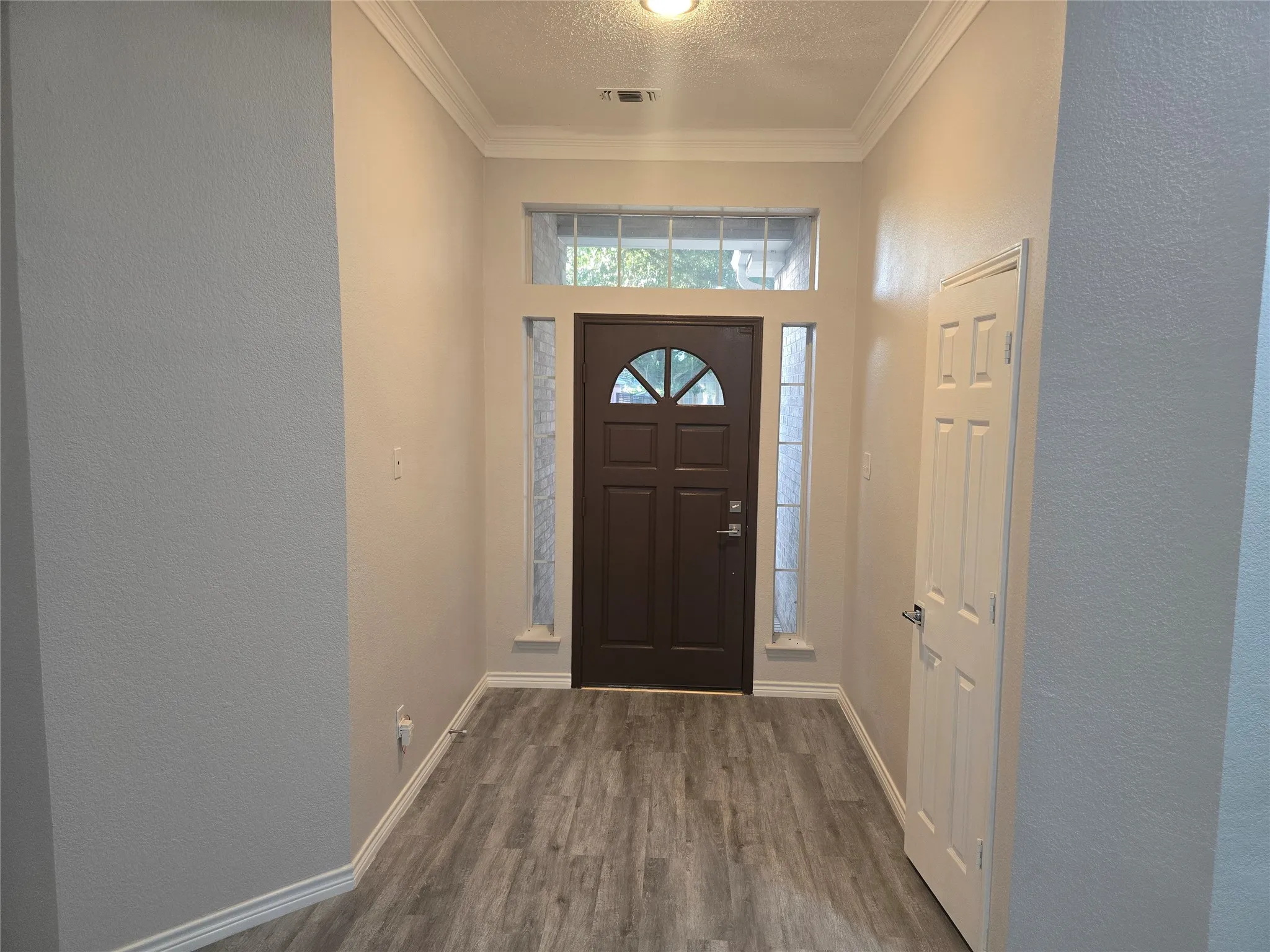 Entryway featuring wood-finish flooring, a paneled door, sidelight windows, and a transom window