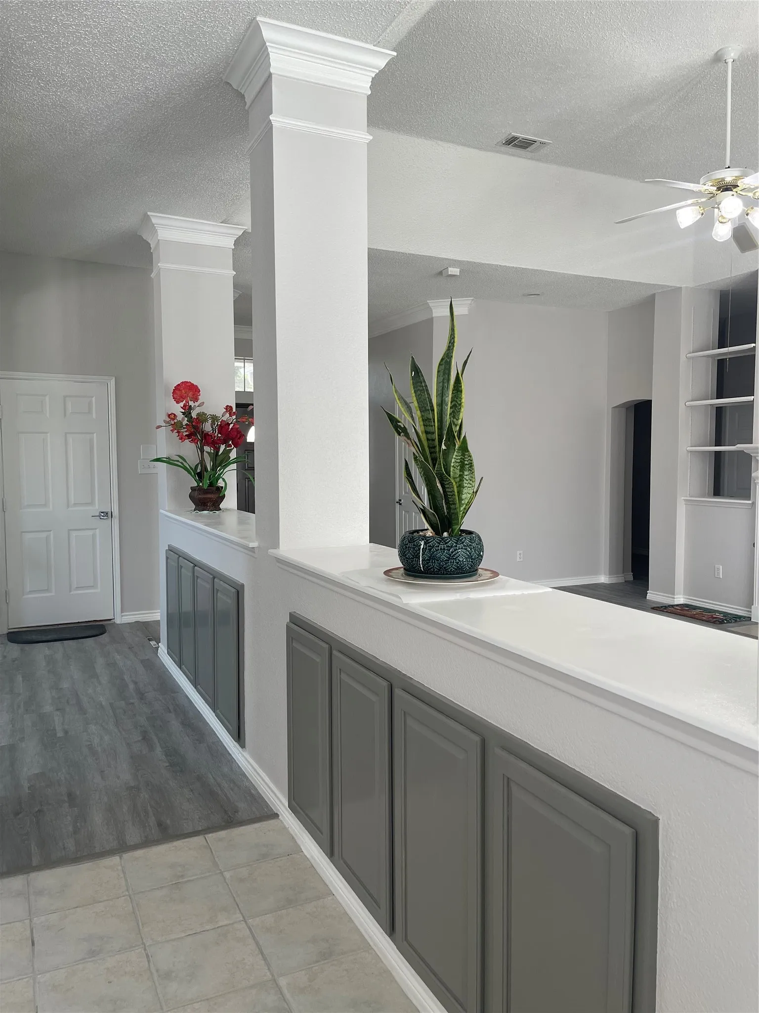 Architectural columns with crown molding, built-in cabinetry, wood-finish flooring, and a ceiling fan