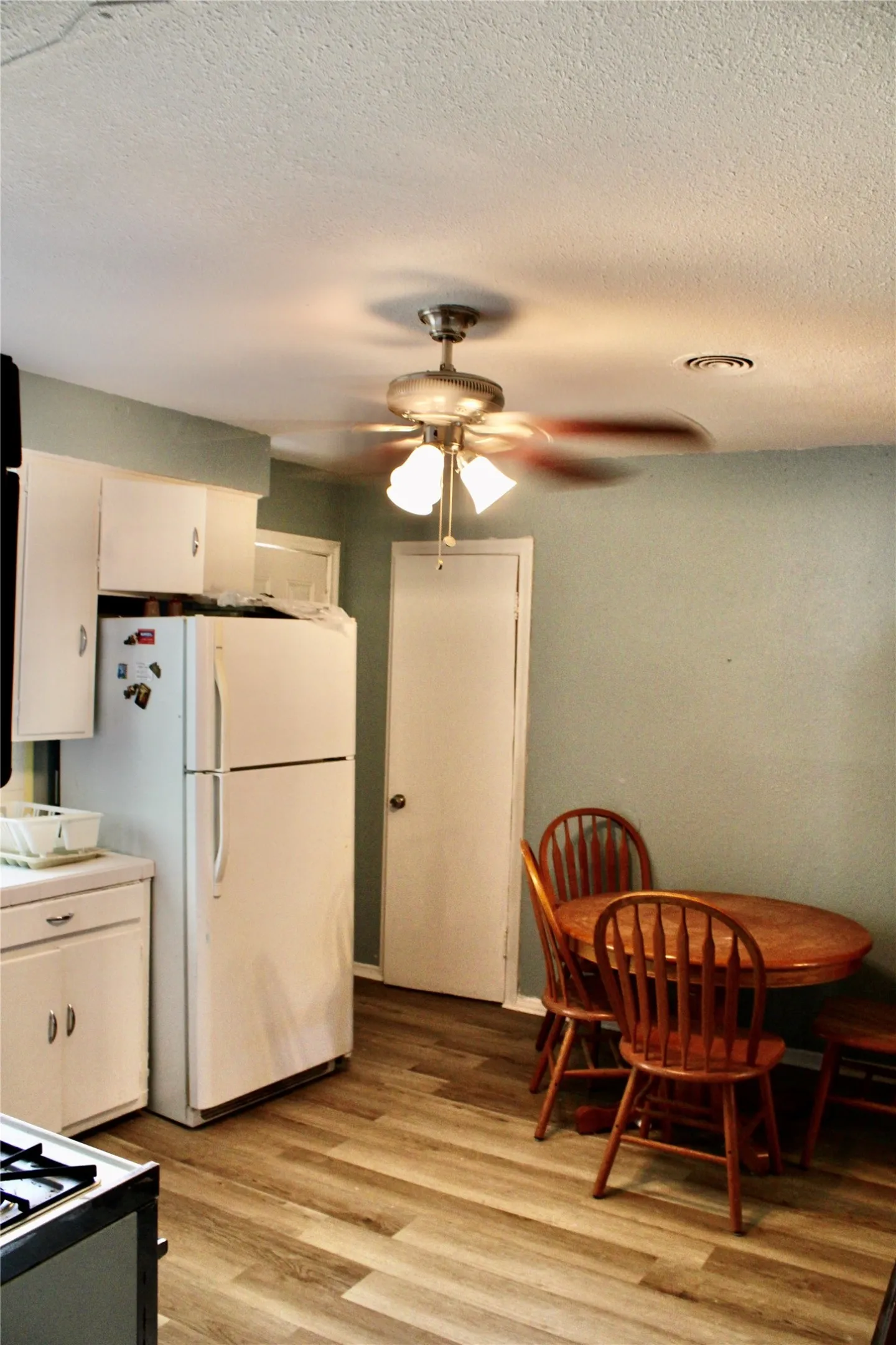 Wood-finish flooring throughout, complemented by white cabinetry, and a ceiling fan with integrated lighting