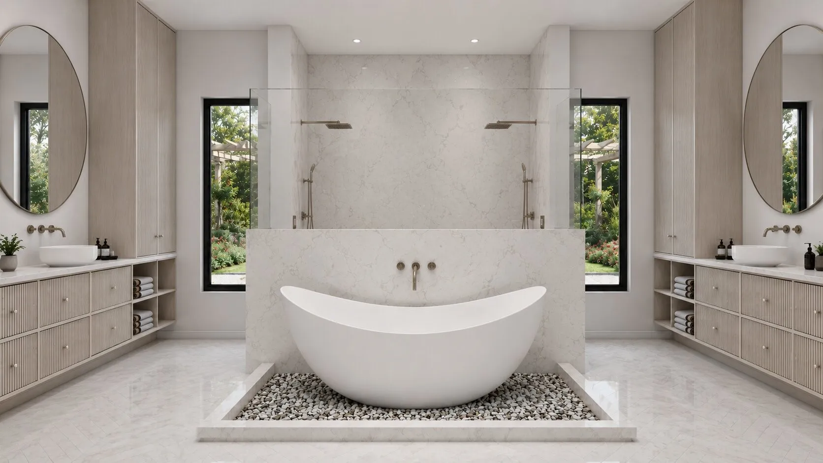 Freestanding soaking tub set on river rock, dual glass-enclosed showers with wall-mounted fixtures, and twin floating vanities with vessel sinks and integrated storage. Photos are illustrations only and are intended to represent as closely as possible the projected final finish out and design of the home. Details can​​‌​​​​‌​​‌‌​‌‌​​​‌‌​‌​‌​‌​​​‌​​ change.