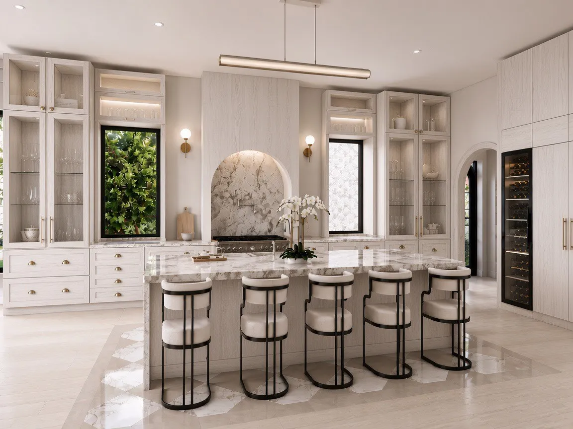 Expansive kitchen island with a stone countertop, built-in wine cooler, integrated range, recessed lighting, and elegant arched wall detailing. Photos are illustrations only and are intended to represent as closely as possible the projected final finish out and design of the home. Details can change.