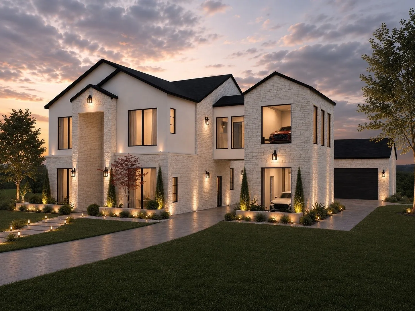 Modern exterior featuring white masonry and stucco finishes. Photos are illustrations only and are intended to represent as closely as possible the projected final finish out and design of the home. Details can change.