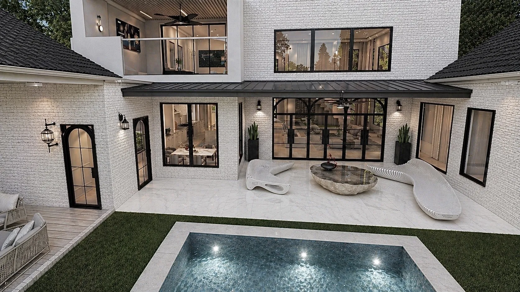 White brick exterior with a black shingle roof. Photos are illustrations only and are intended to represent as closely as possible the projected final finish out and design of the home. Details can change.