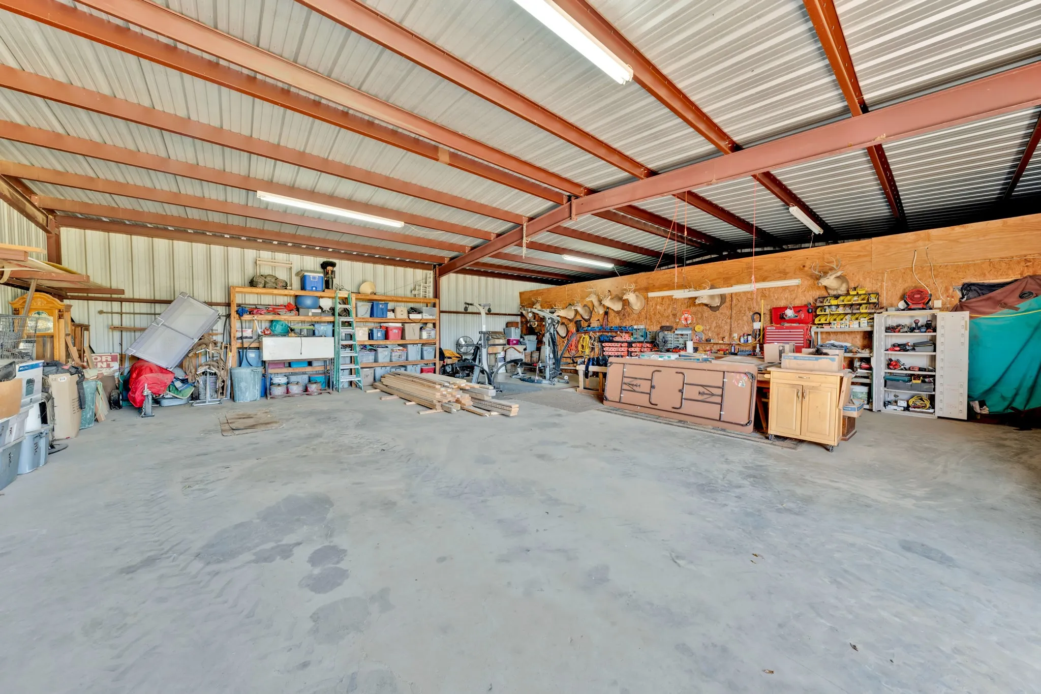 Expansive open structure featuring a concrete floor, exposed metal beam ceiling, corrugated metal walls, and overhead fluorescent lighting