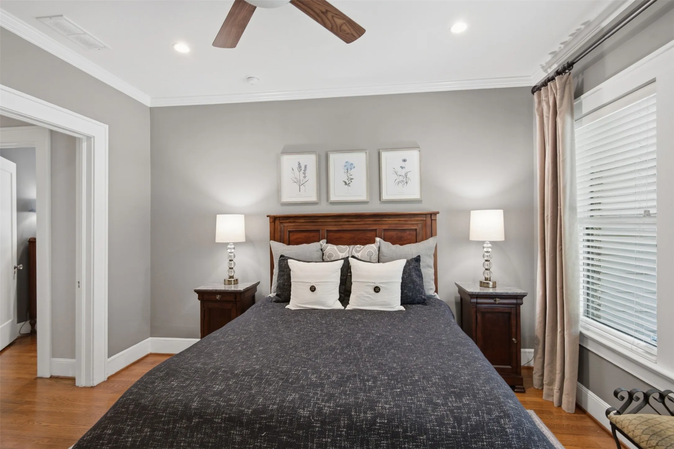 Third Bedroom - Hardwood flooring, crown molding, recessed lighting, ceiling fan, and window with blinds