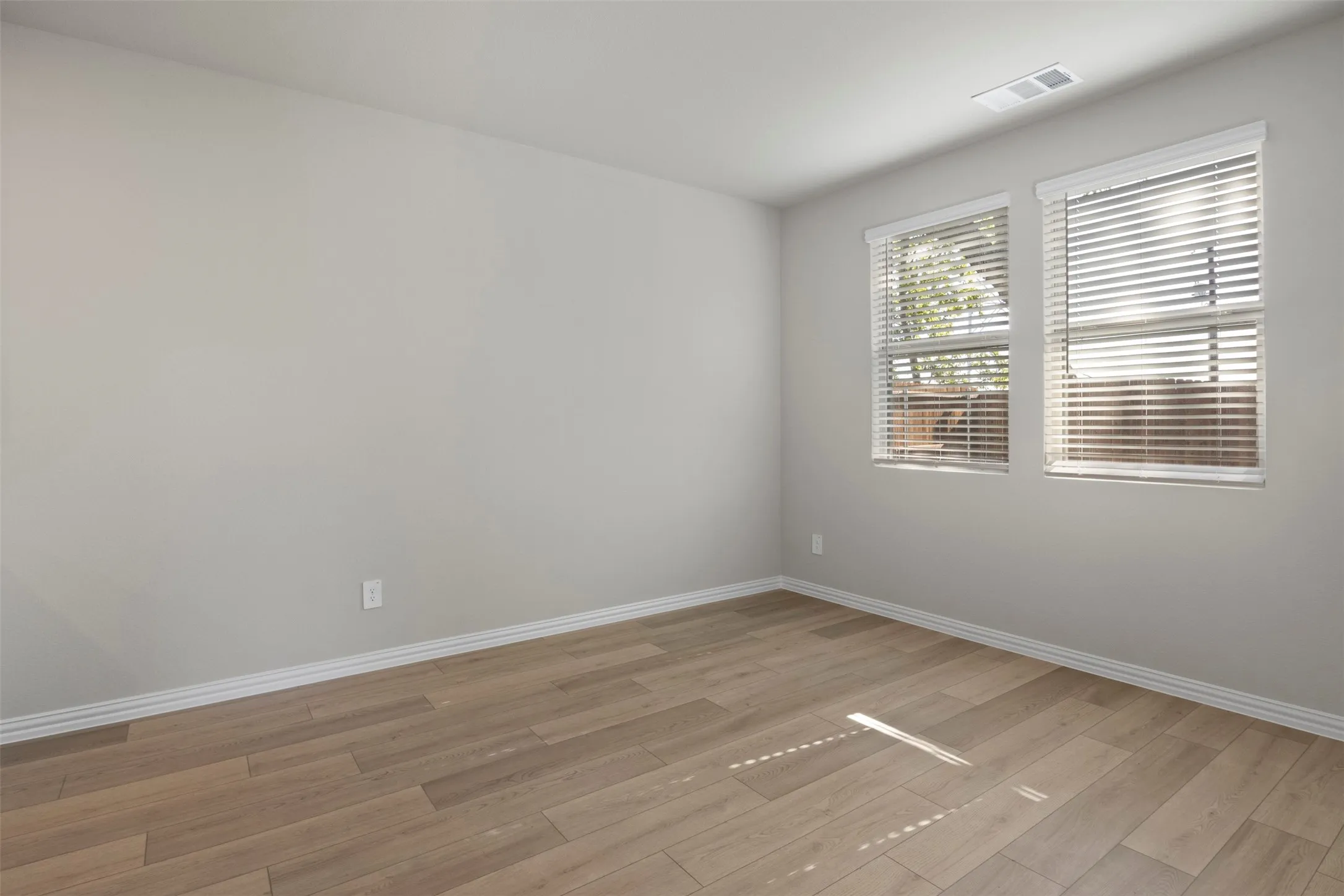 Wood-finish flooring throughout, multiple windows with blinds, and light gray wall paint