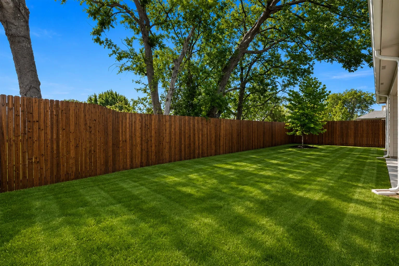 Spacious backyard featuring a privacy fence, lush lawn, and mature trees