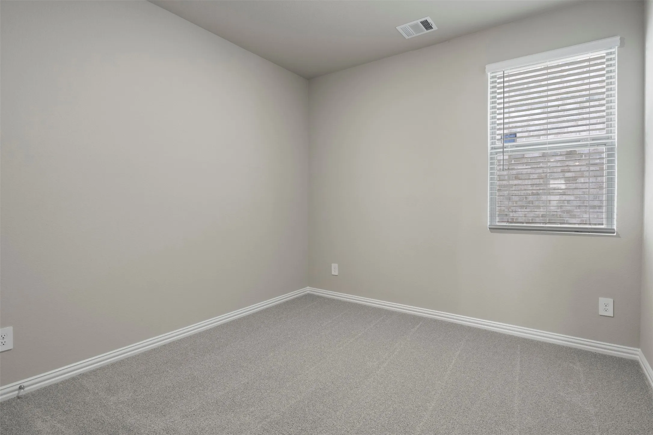 Neutral wall paint, light-toned carpet, window with blinds, and white trim