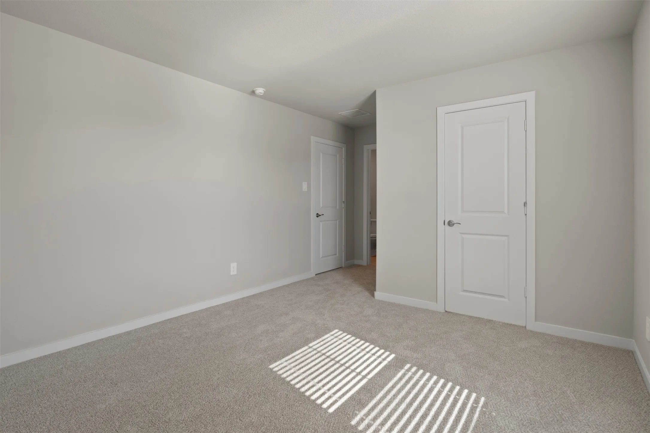 Wall-to-wall carpeting with light gray walls, featuring white trim and white paneled doors