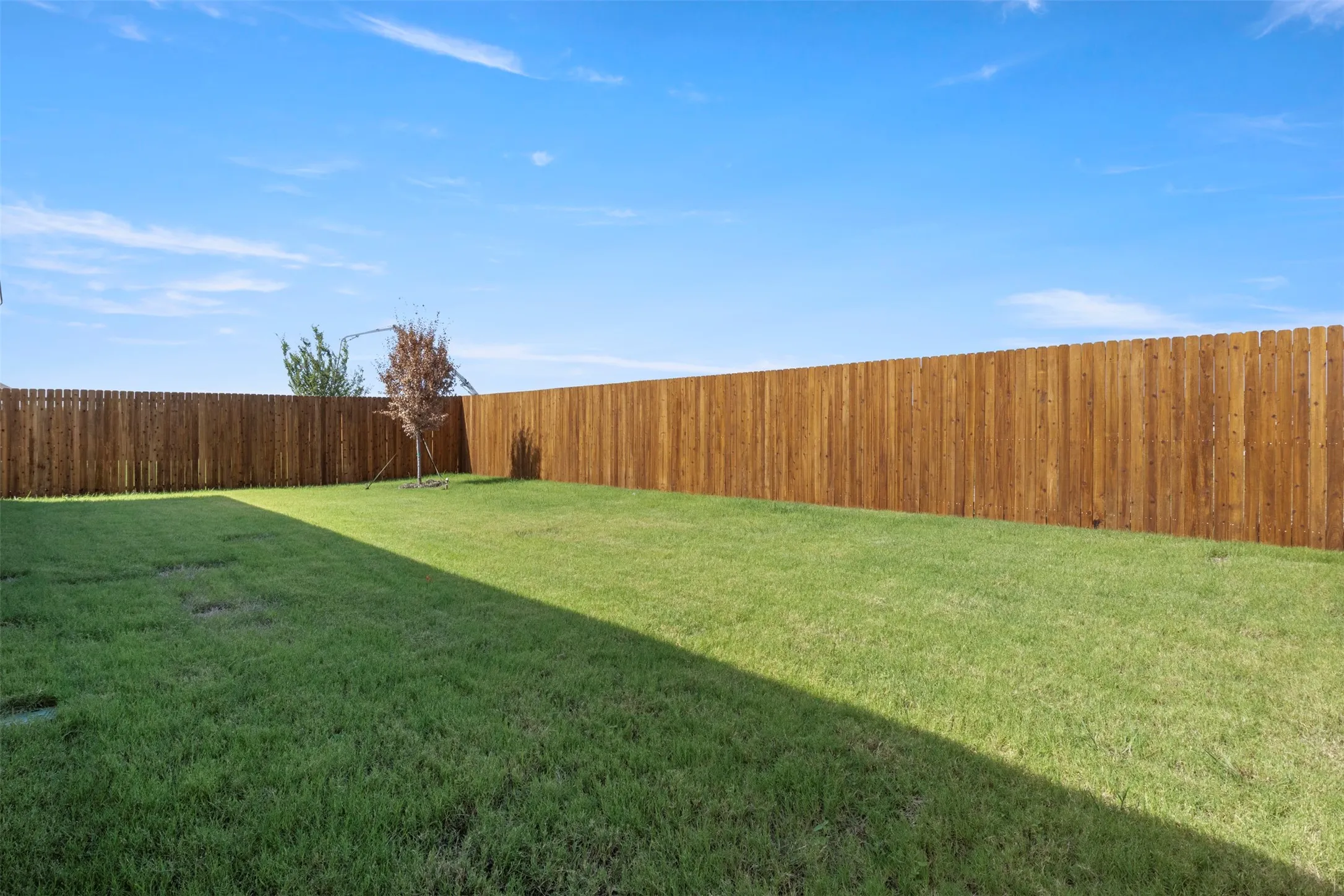 Expansive grassy yard area with a wood privacy fence