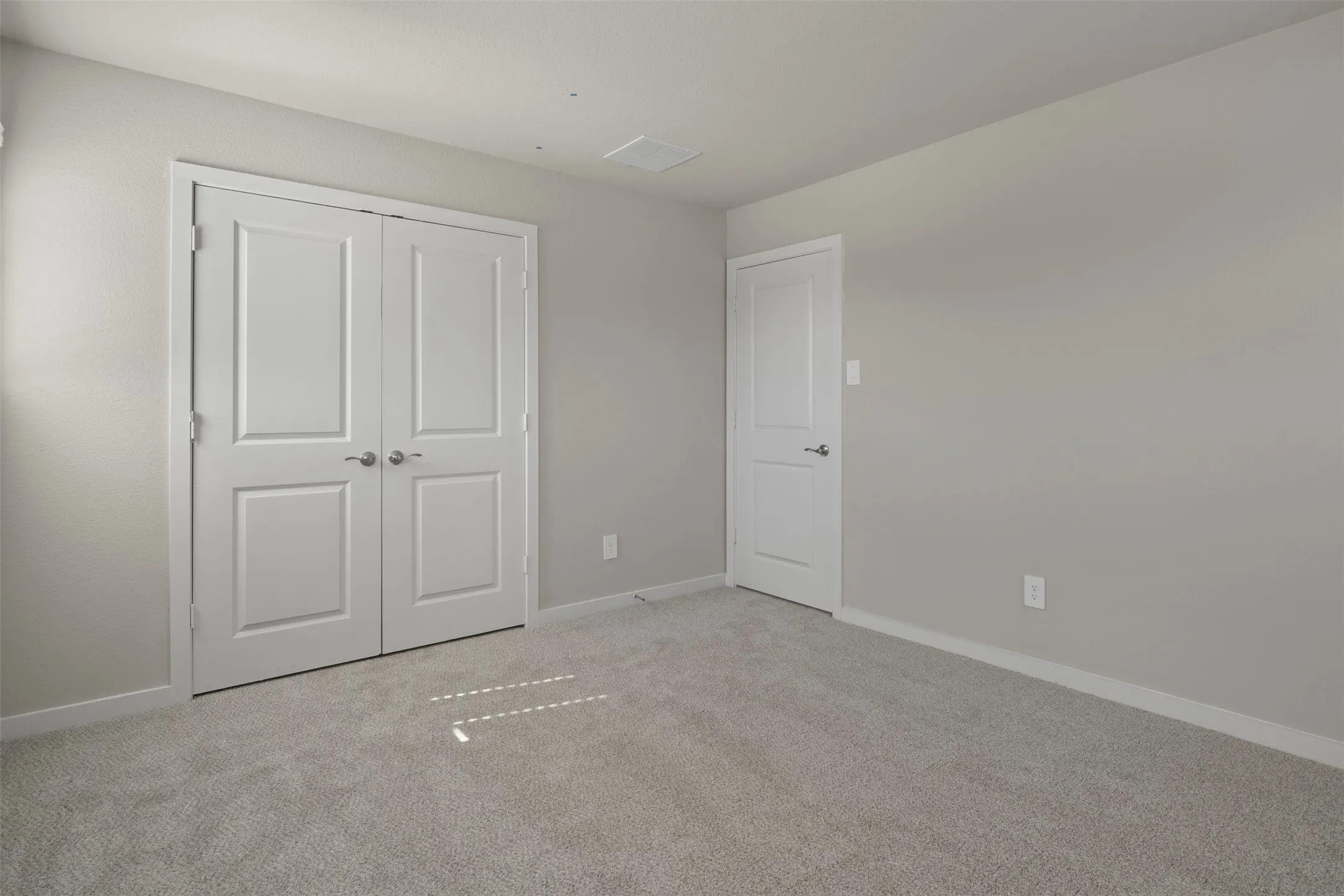 Light gray wall paint, plush carpeting, white trim, and white paneled doors