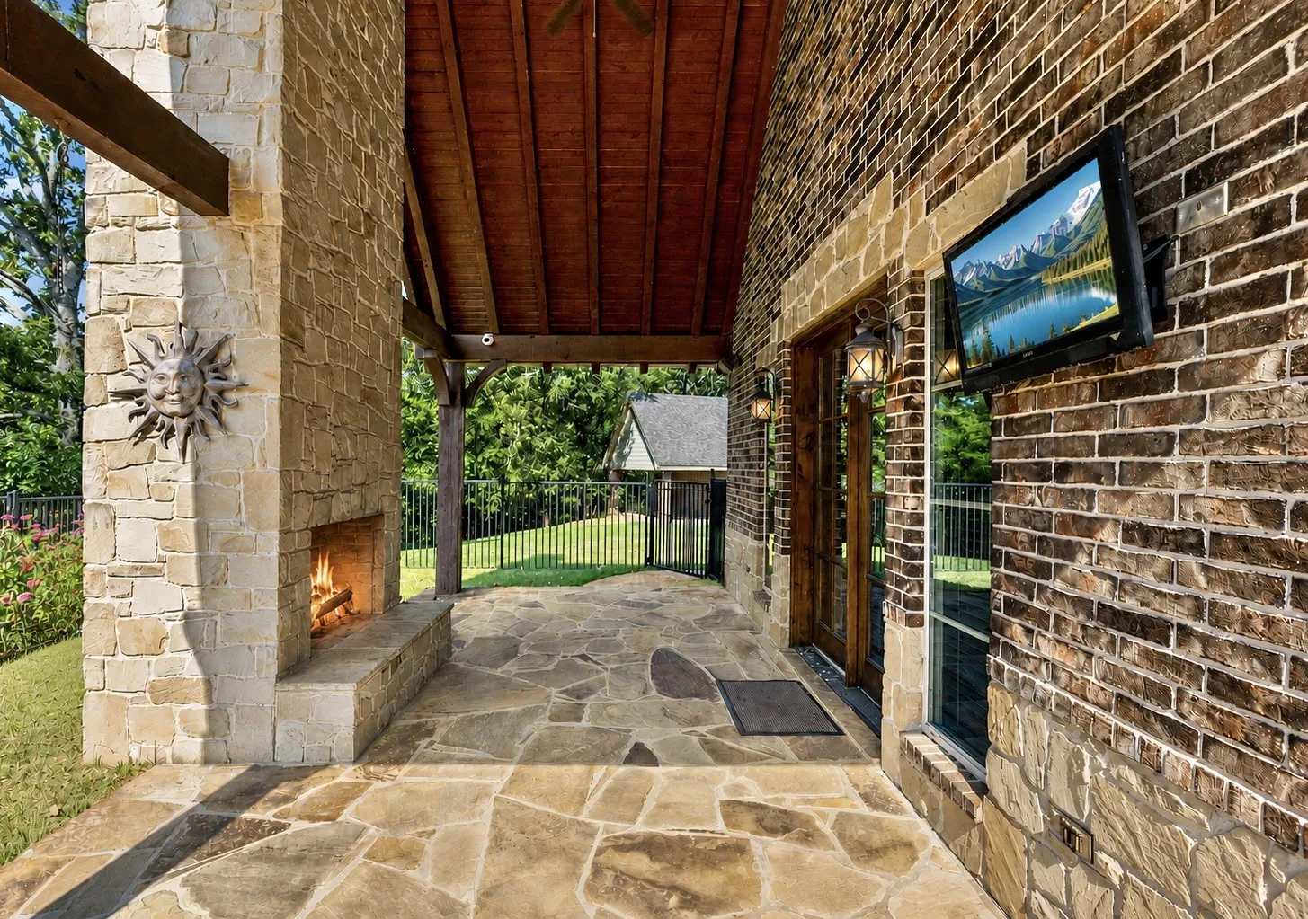 Patio with wood burning fireplace.