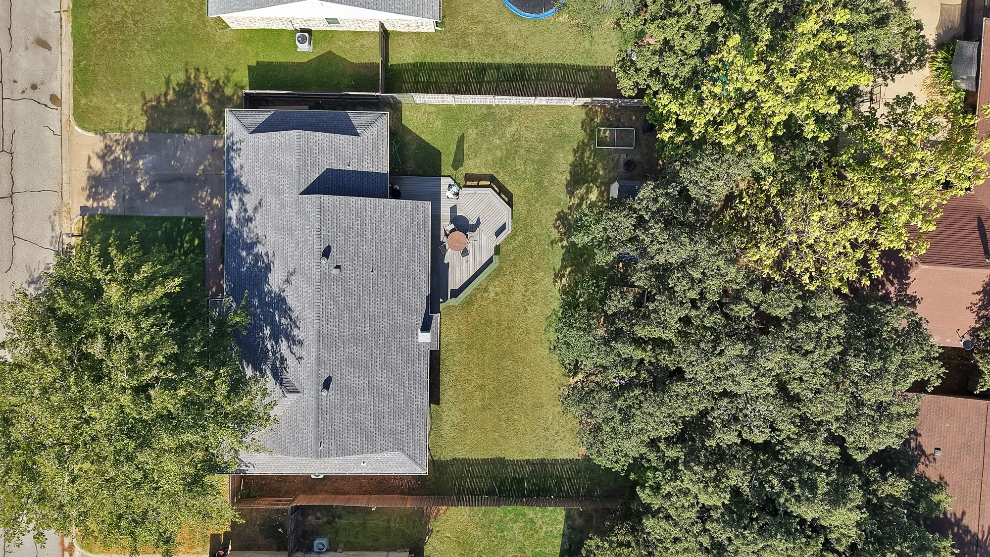 Expansive rear yard featuring a paved patio and mature trees