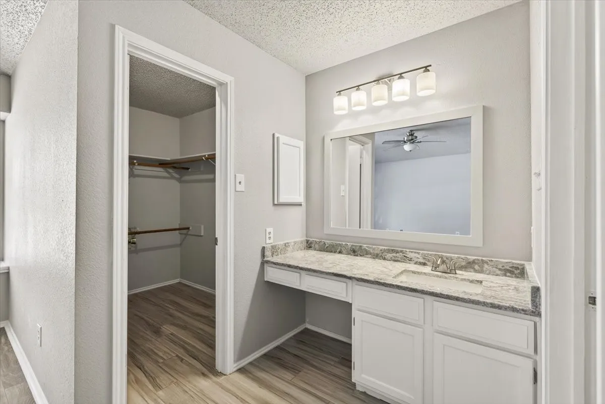 Vanity area of the primary bathroom with a walk in closet