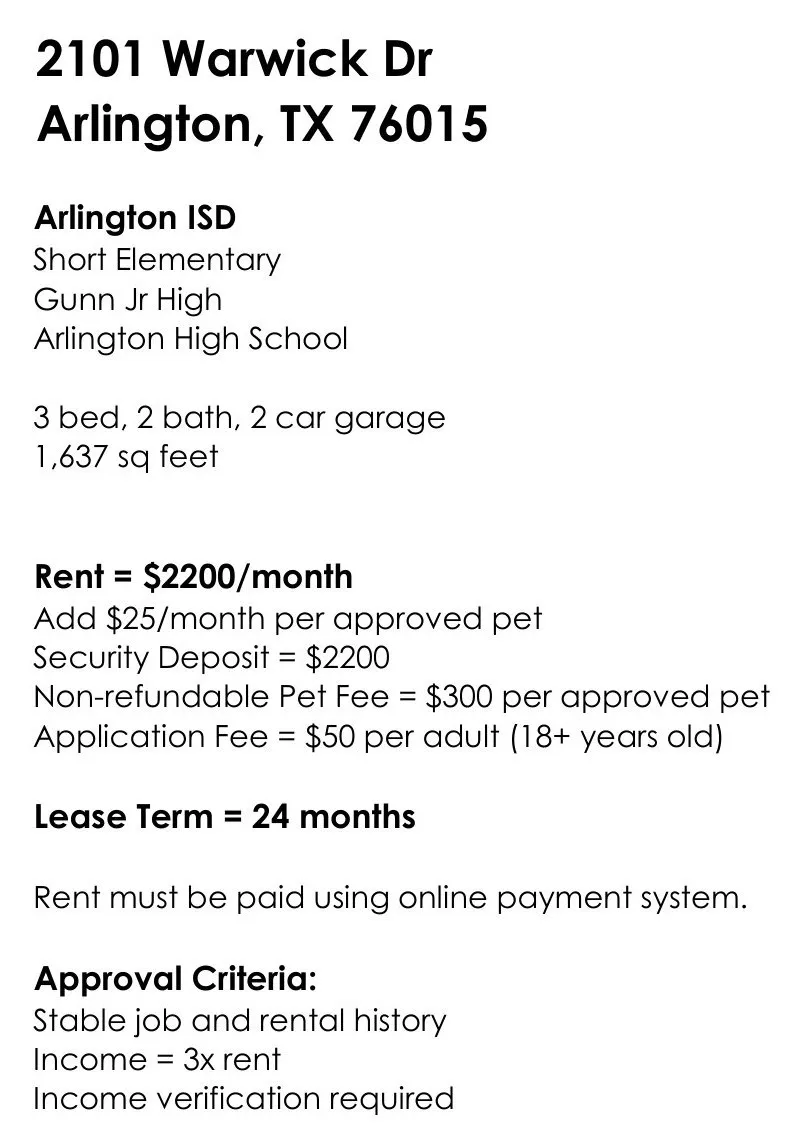Single Family Residence For Rent in Tarrant County , 2101 Warwick Drive, Arlington, Texas 76015, 3 Bedroom, 2 Bathroom, 2 Garage spaces, 1,637 Sqft, built in 1971, Price $2,200, mls#21365812, Real Estate Agent in Arlington, Homes For Rent in Tarrant county, Homes For Rent in Arlington, Realtor in Arlington Texas, Real Estate Brokerage Independent Realty Texas, Luminita Cordes Realtor