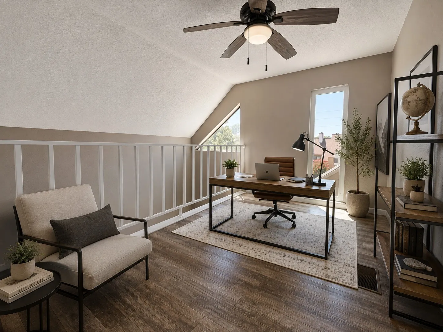 Upstairs loft area is perfect for office, guest space, second living room, you name it