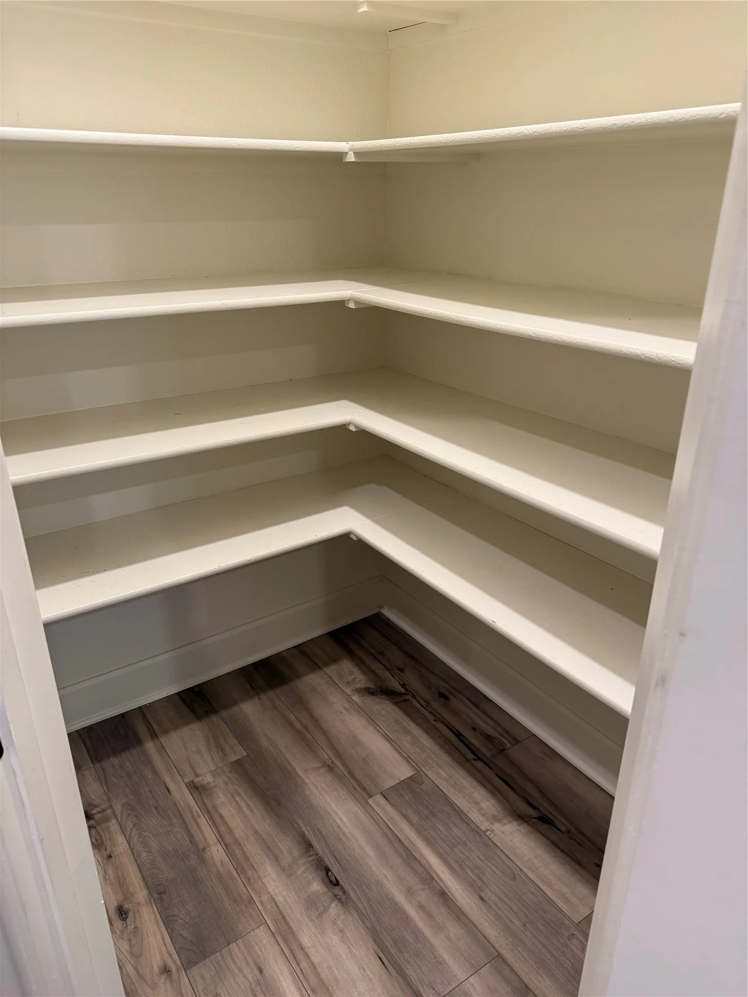 Built-in shelving with multiple levels and wood-finish flooring