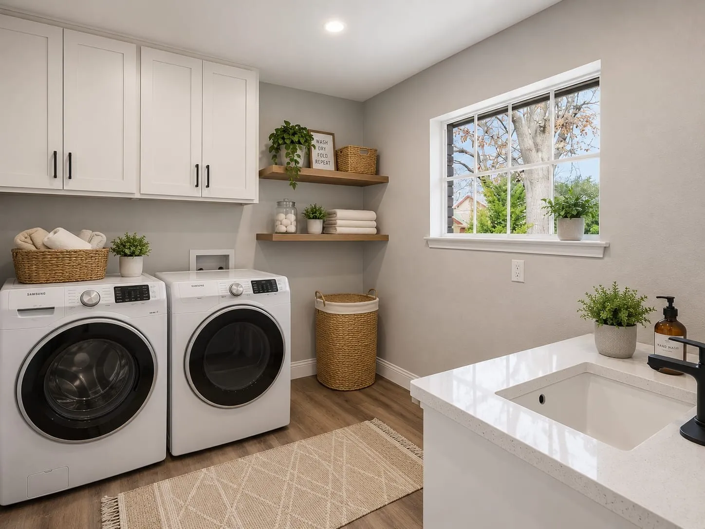 **Virtually Staged**
Laundry space featuring white shaker-style cabinetry, wood-finish flooring, a white-framed window, floating wood shelves, and a utility sink with a black faucet