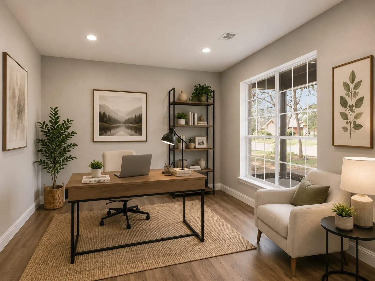 **Virtually Staged** Recessed lighting fixtures, wood-finish flooring, a large multi-pane window, and a built-in shelving unit