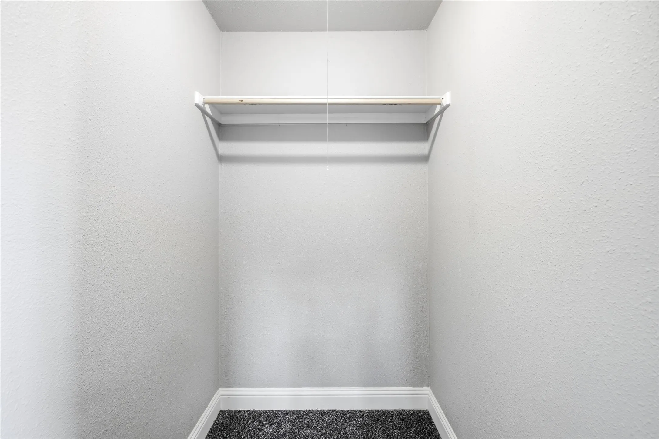 Built-in closet with overhead shelving, a clothing rod, and dark gray carpeting