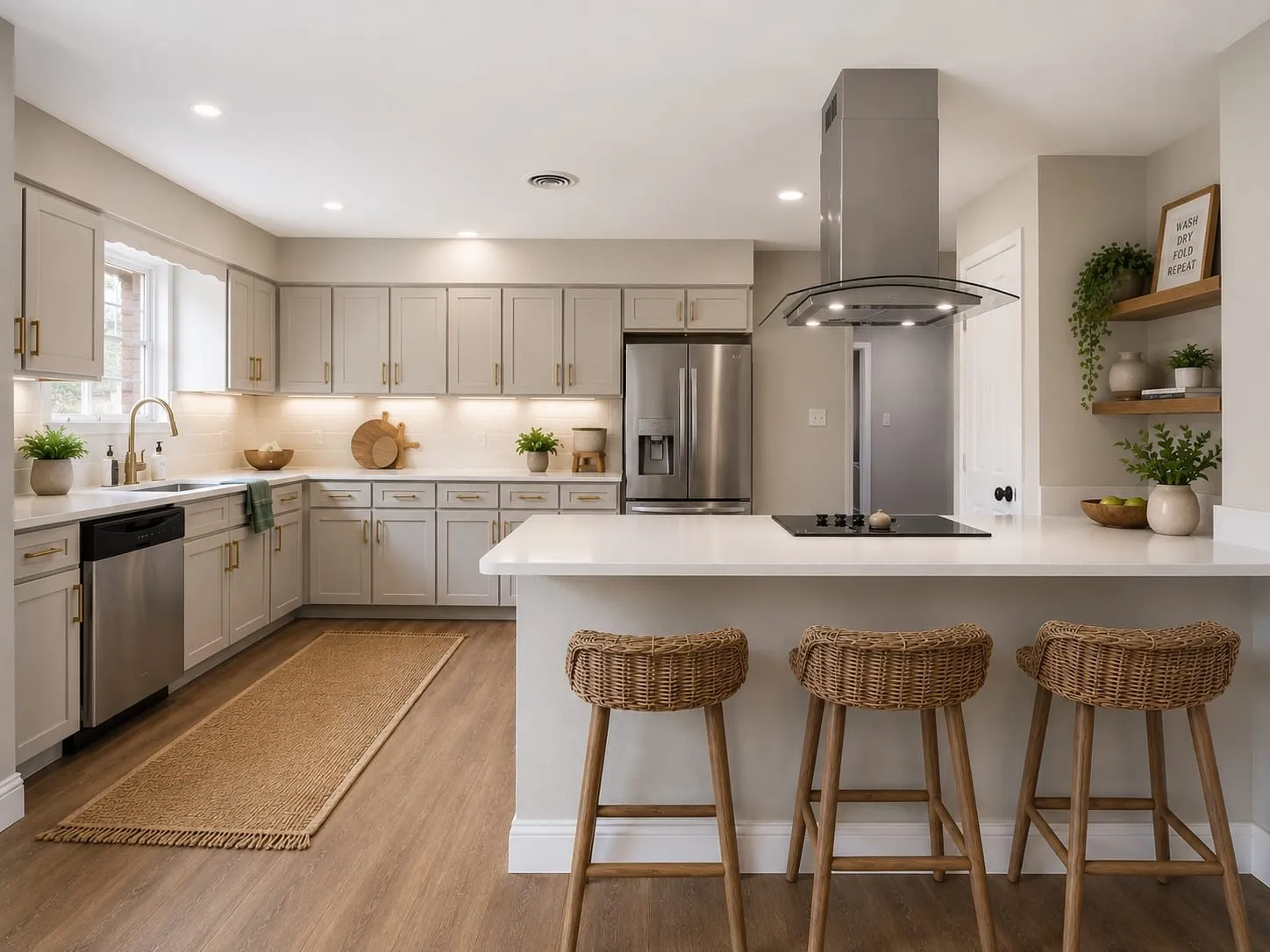 **Virtually Staged**
Gourmet kitchen featuring L-shaped light gray cabinetry, stainless steel appliances, white countertops, a large island with cooktop, and wood-finish flooring