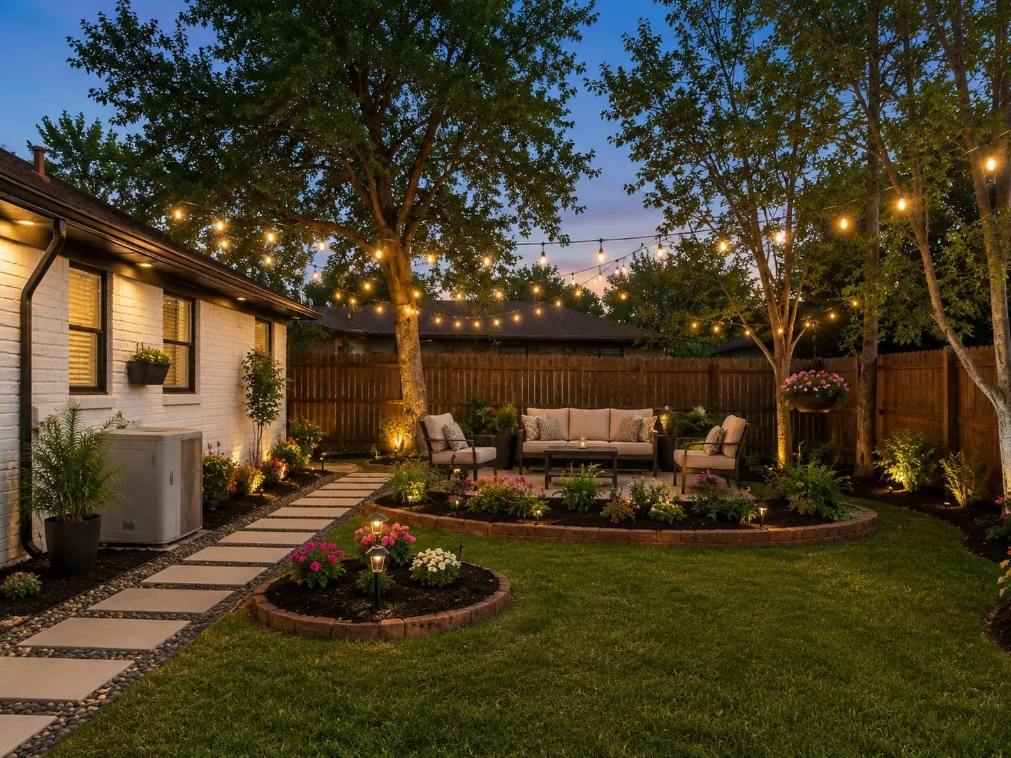 Expansive backyard featuring a stone paver patio, established trees, and perimeter fencing